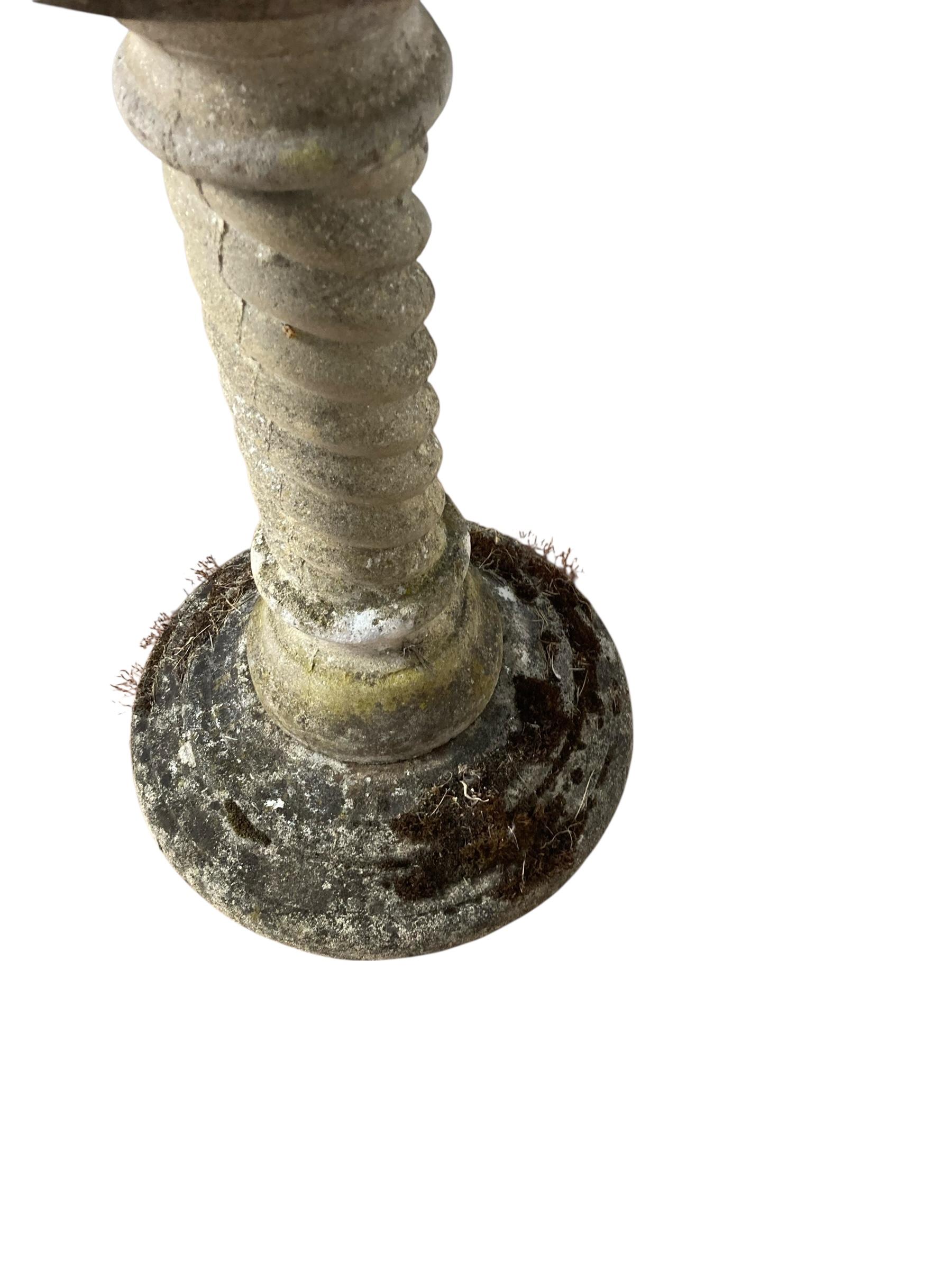 Cast Stone Stone Sundial with Barley Twist Stlyle Column with Natural Patina Inscribed Word For Sale