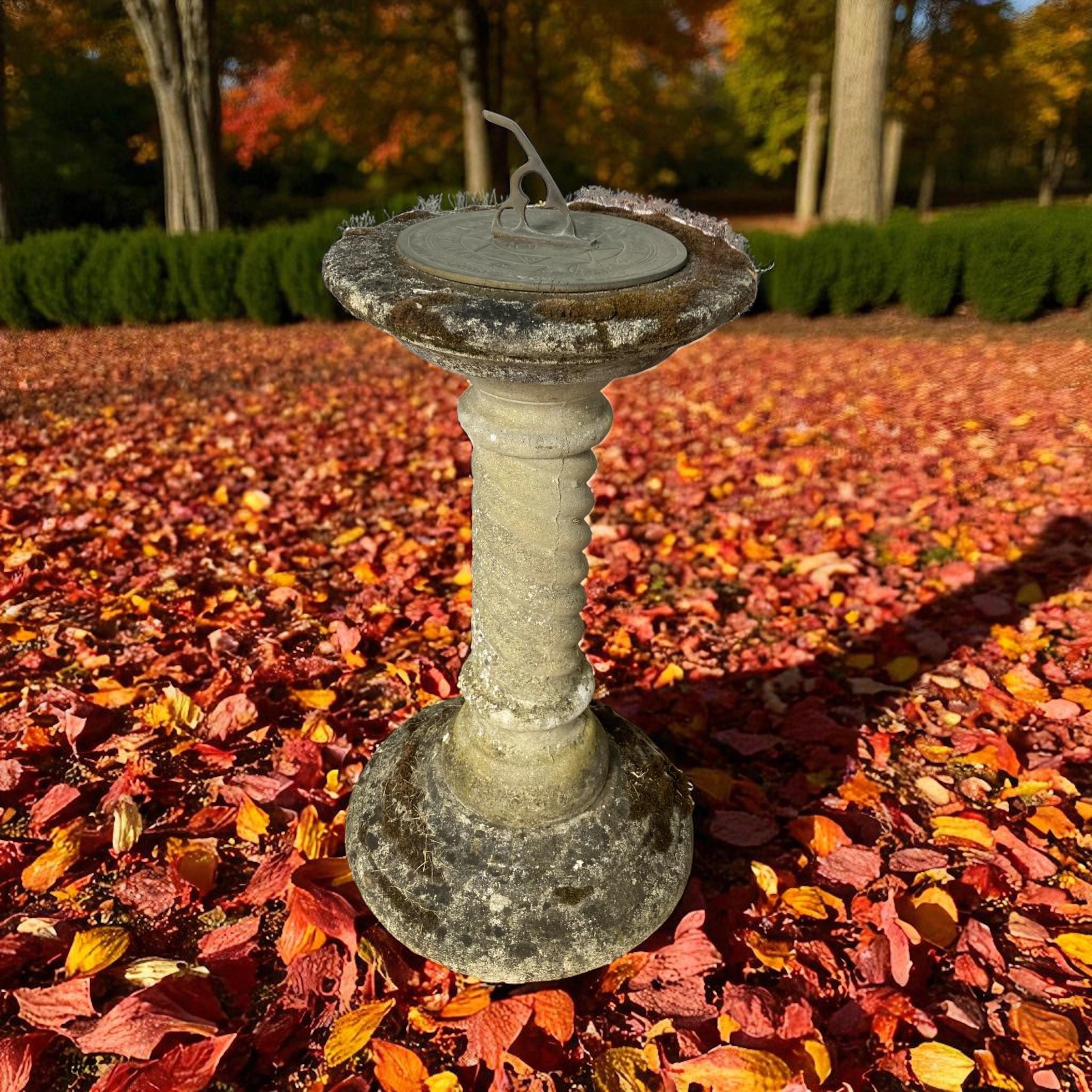 Stone Sundial with Barley Twist Stlyle Column with Natural Patina Inscribed Word For Sale 2