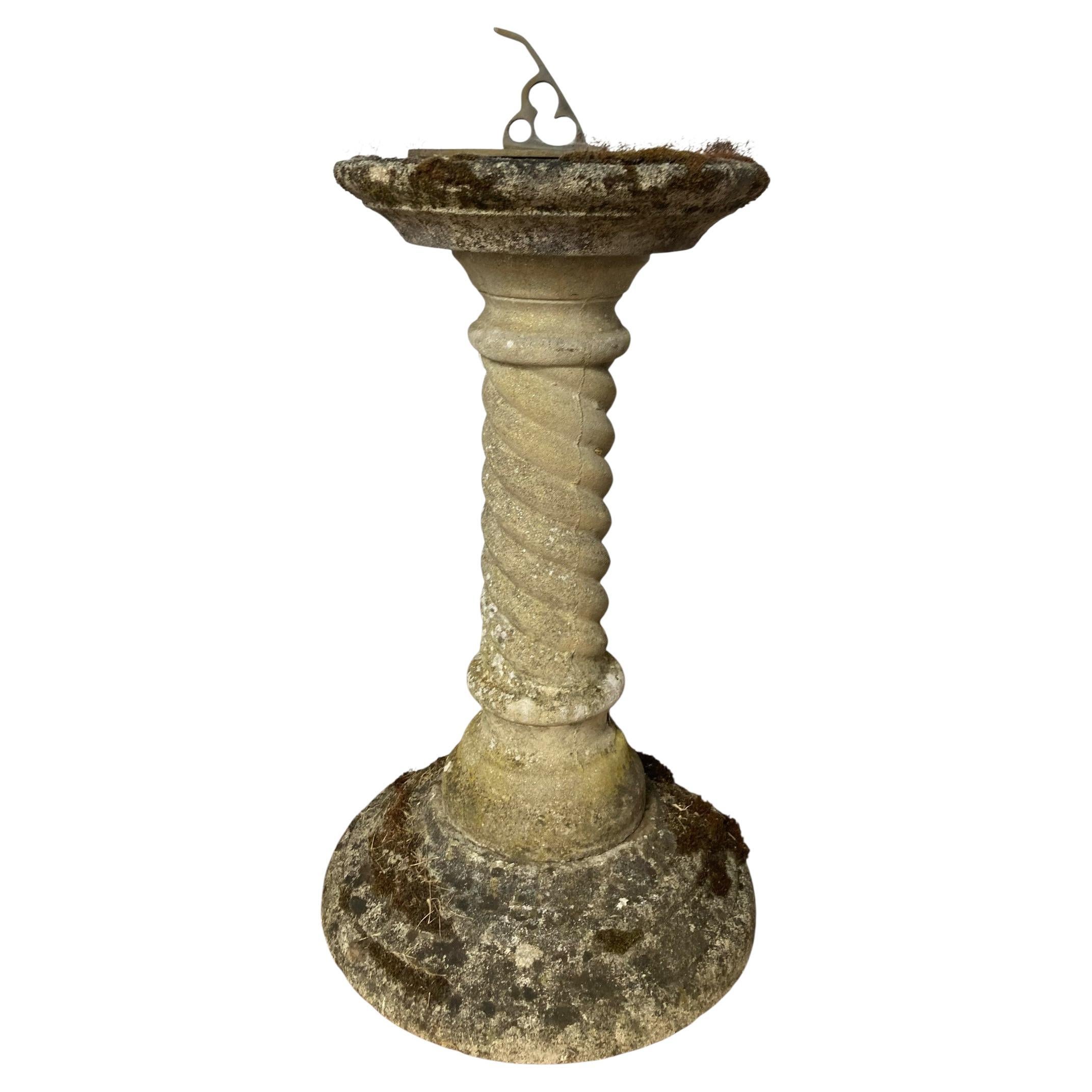 Stone Sundial with Barley Twist Stlyle Column with Natural Patina Inscribed Word For Sale