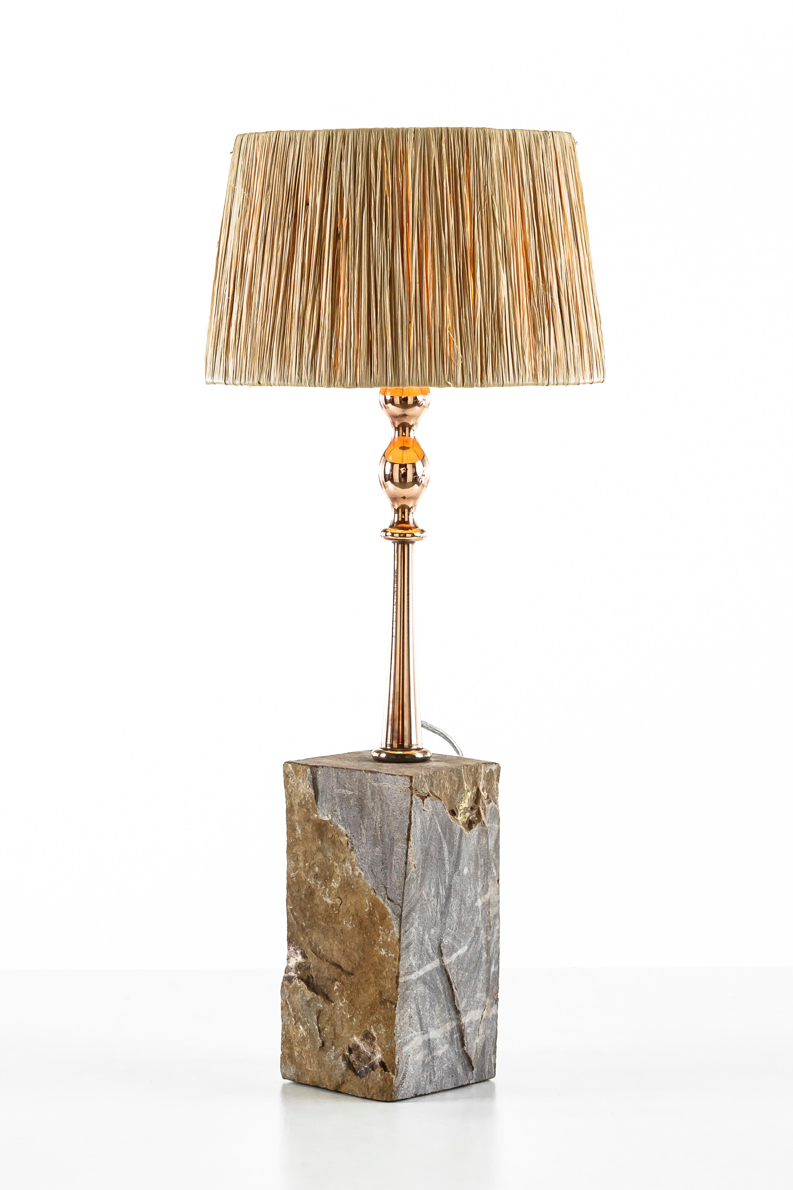 Stone Table Lamp by Egg Designs
Dimensions: 10 L X 10 D X 58 H cm
Materials: Chiseled Stone, Copper Plated Steel

Founded by South Africans and life partners, Greg and Roche Dry - Egg is a unique perspective in contemporary furniture inspired