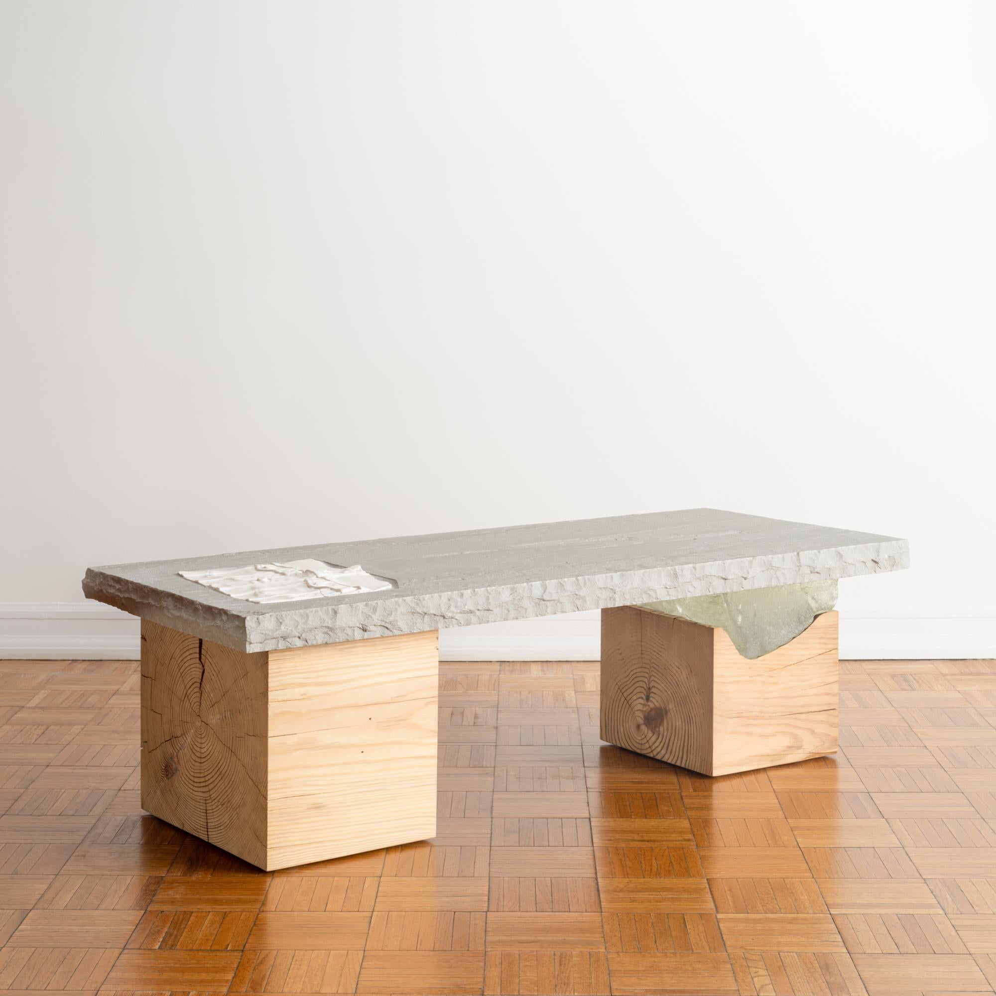 American Stone Top Coffee Table on Wood Block Base with Cast Glass and Ceramic Details For Sale