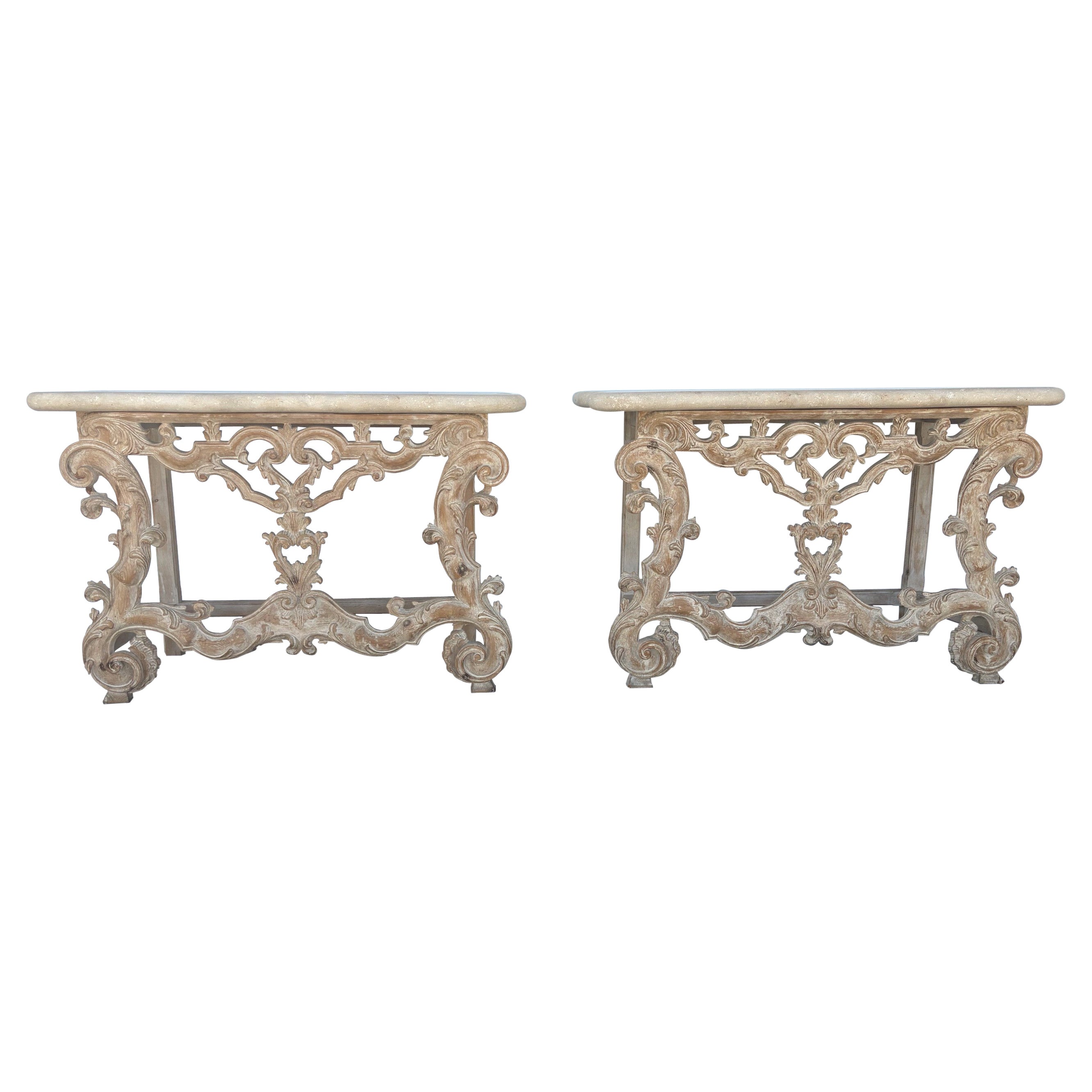 Stone Top Console Table Set of 2 For Sale
