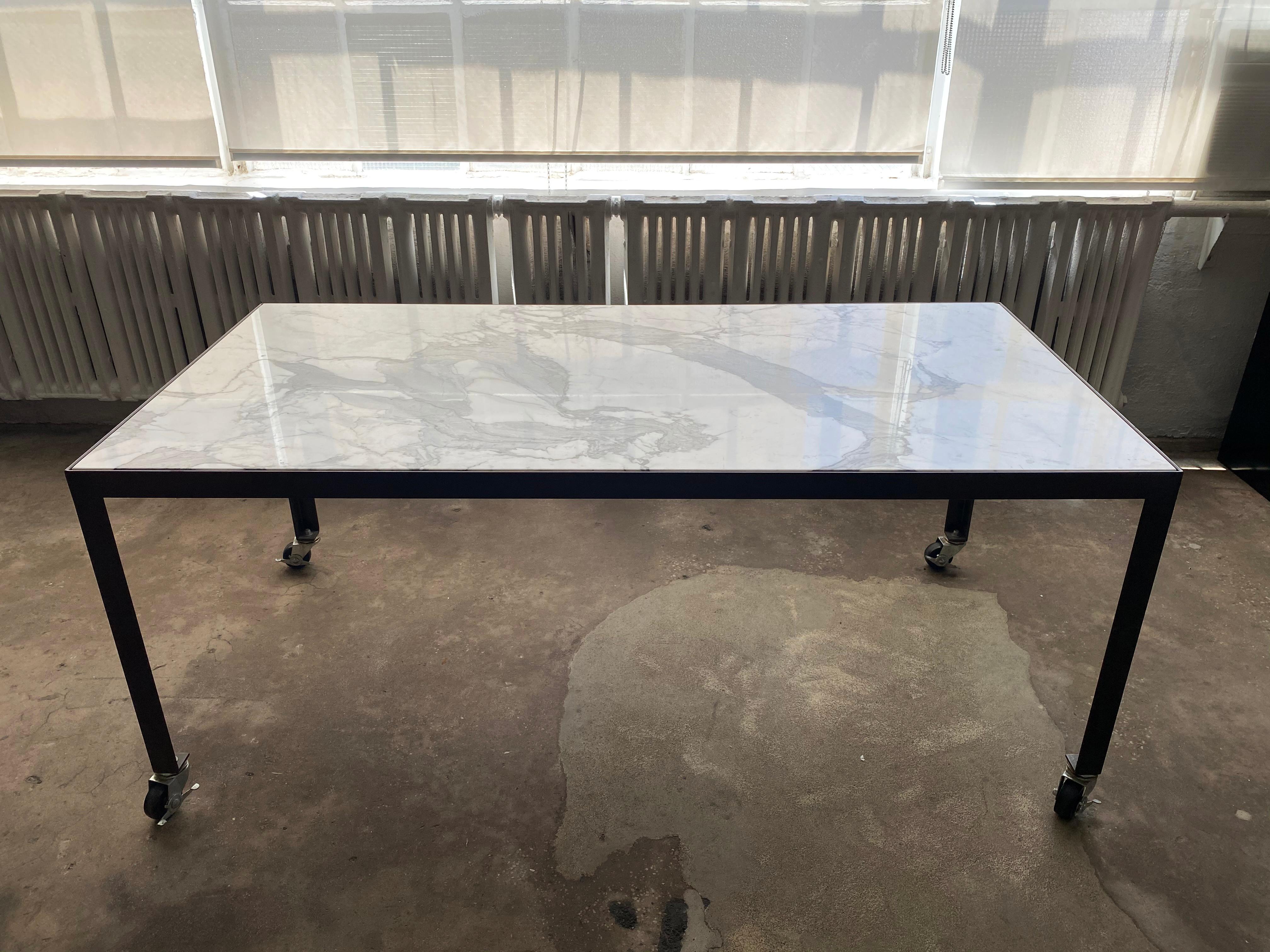 American Stone Top Meeting Table by Javier Robles, Calacatta Marble, Blackened Steel For Sale