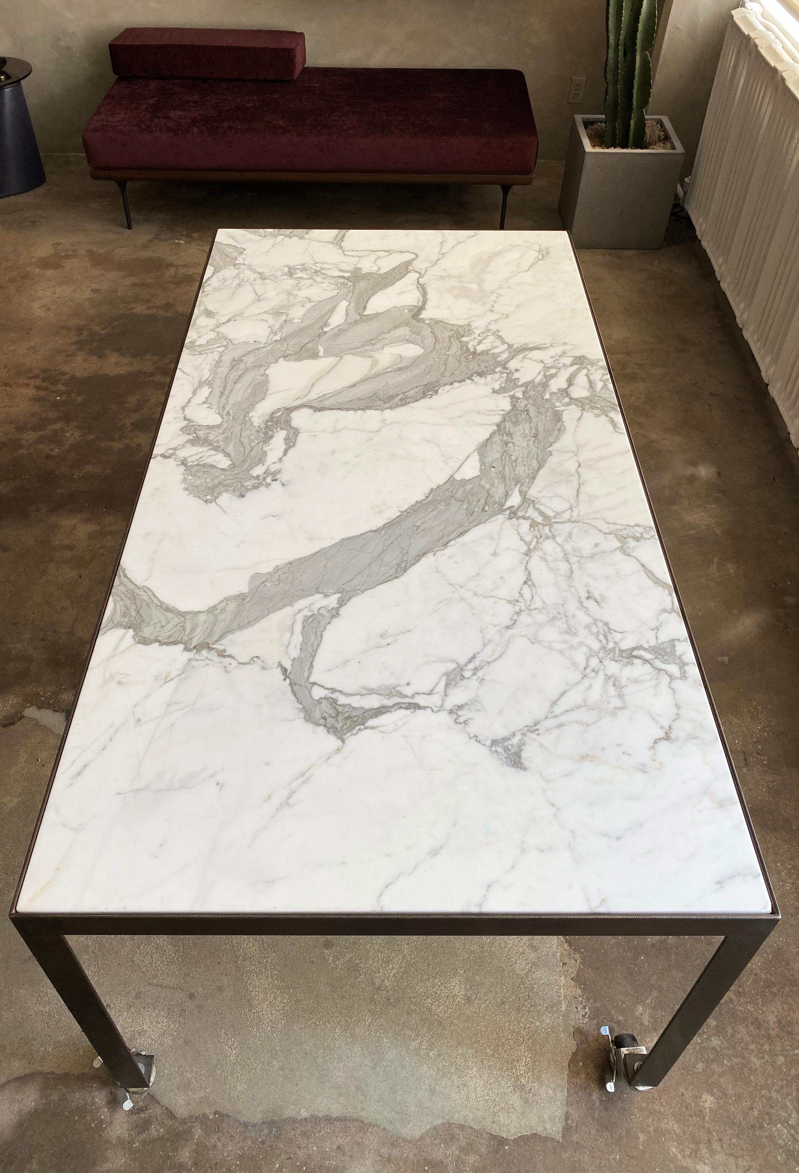 Stone Top Meeting Table by Javier Robles, Calacatta Marble, Blackened Steel In Good Condition For Sale In NEW YORK, NY