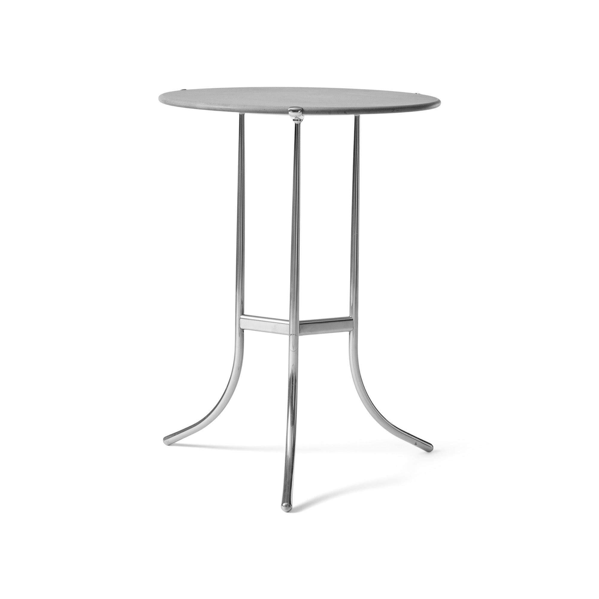 A round side table comprised of marble top over a three-legged brass or nickel plated base.