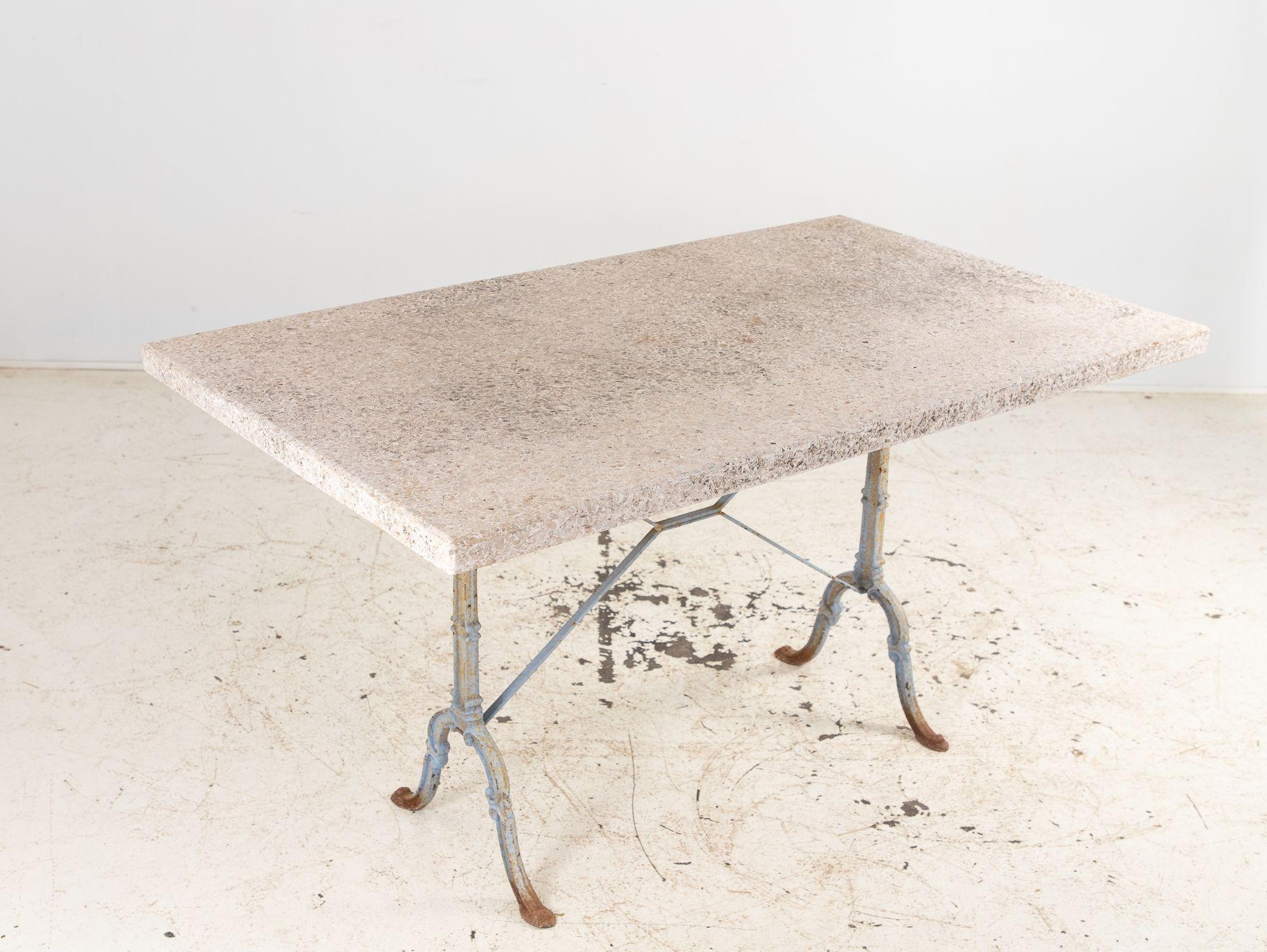 Stone Topped Dining Table with Blue Trestle Iron Base, France mid 20th c en vente 4