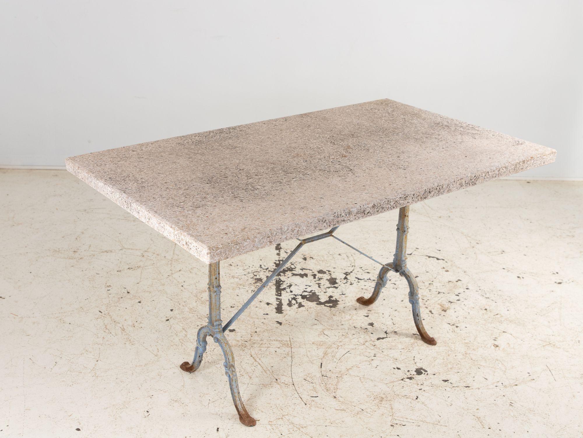 Stone Topped Dining Table with Blue Trestle Iron Base, France mid 20th c en vente 5