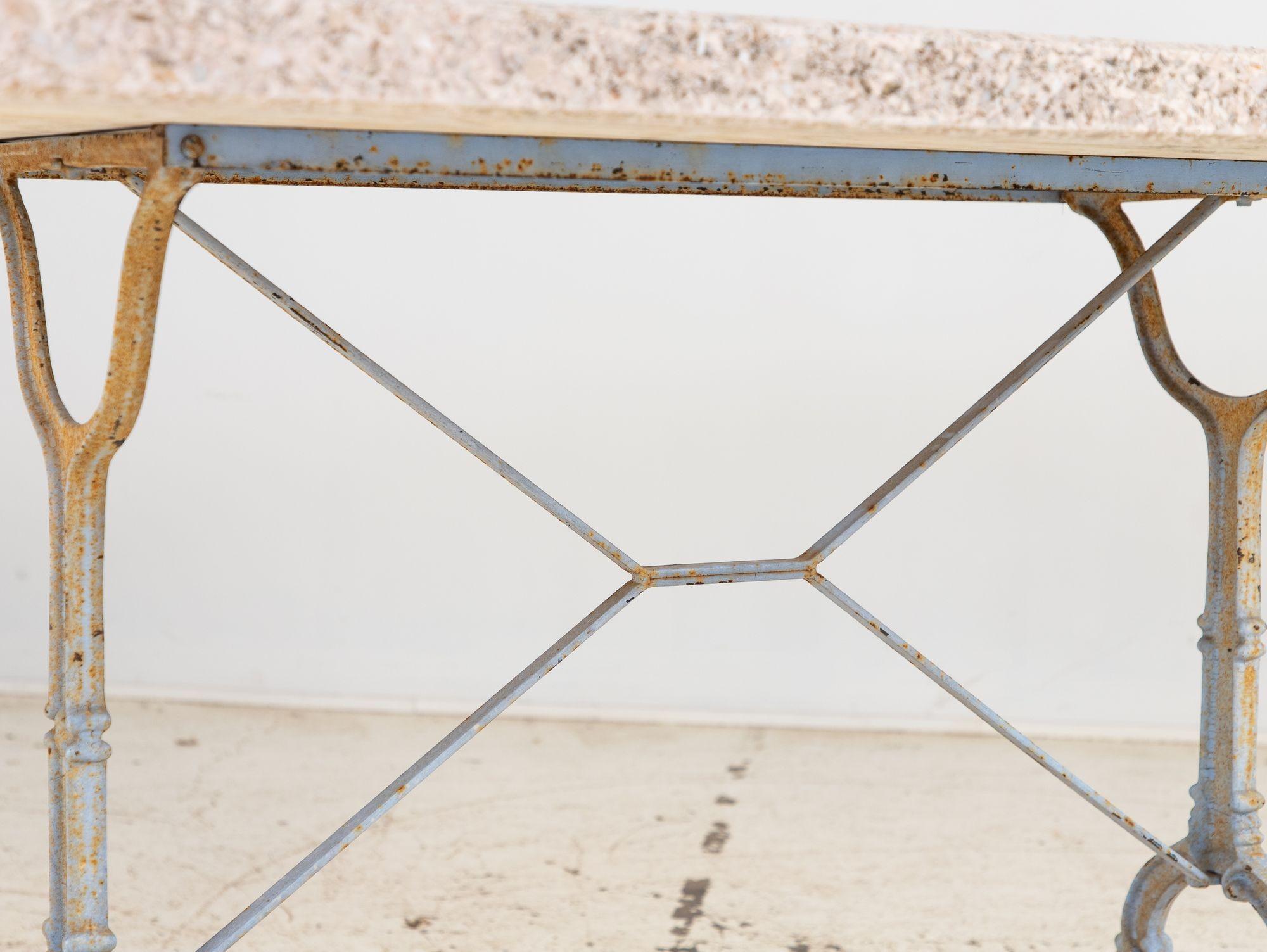 Stone Topped Dining Table with Blue Trestle Iron Base, France mid 20th c en vente 8