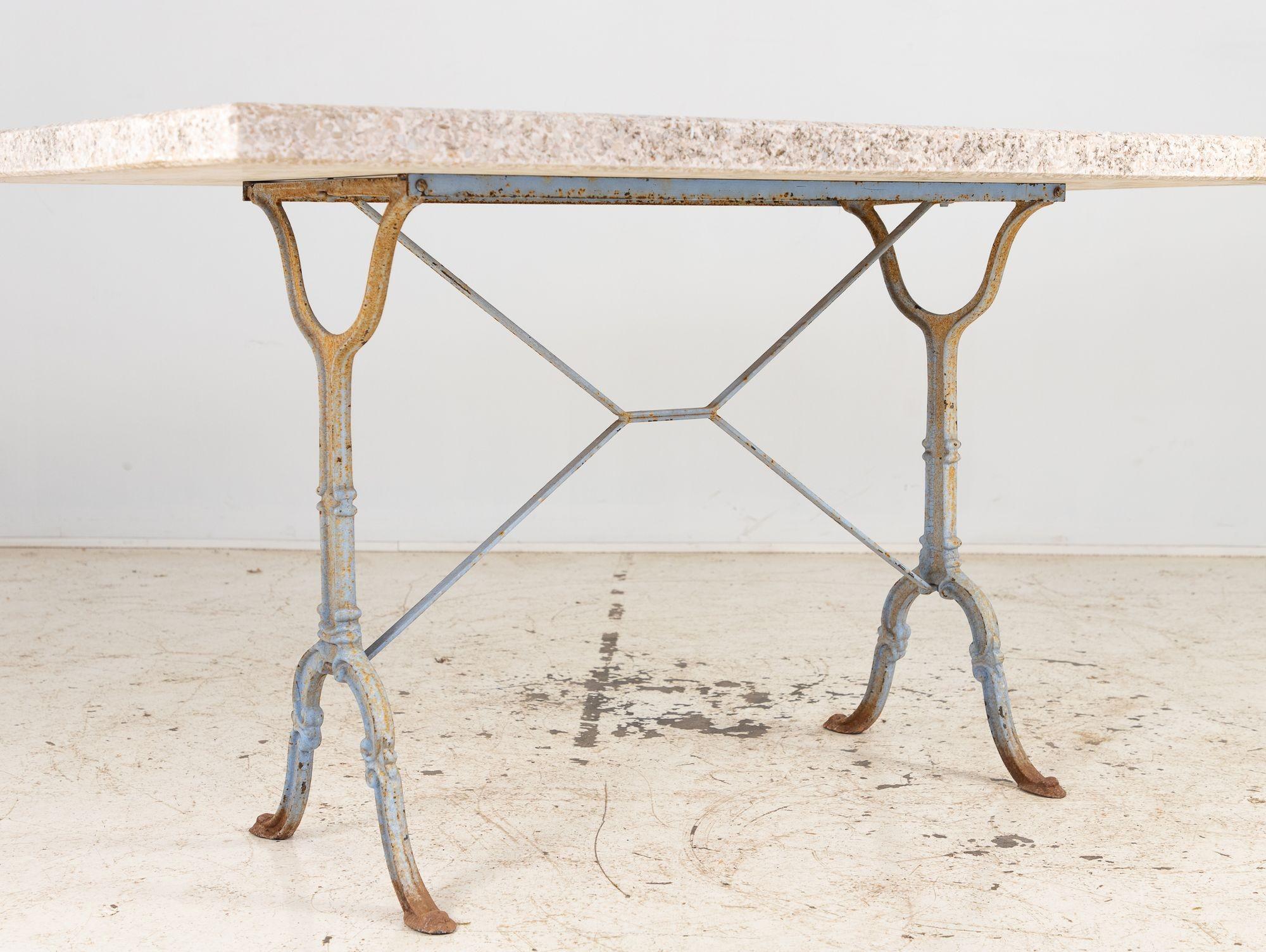 Stone Topped Dining Table with Blue Trestle Iron Base, France mid 20th c en vente 9