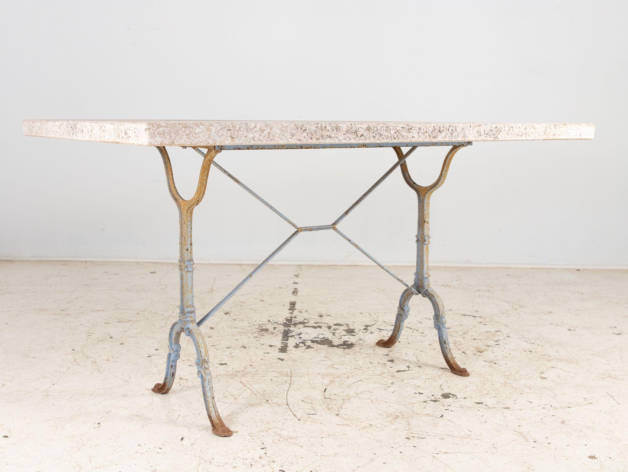 Stone Topped Dining Table with Blue Trestle Iron Base, France mid 20th c en vente 10