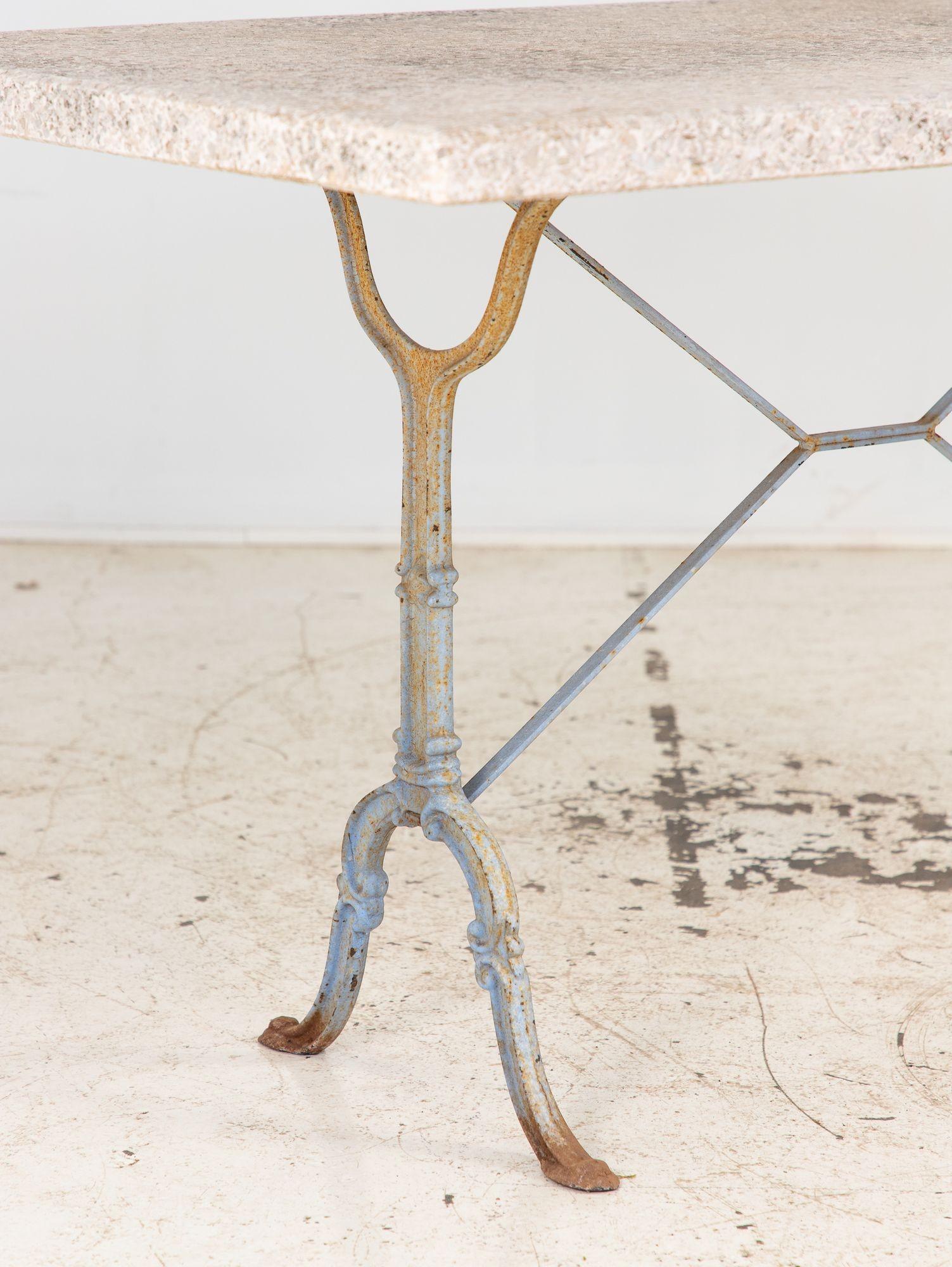 Stone Topped Dining Table with Blue Trestle Iron Base, France mid 20th c Bon état - En vente à South Salem, NY