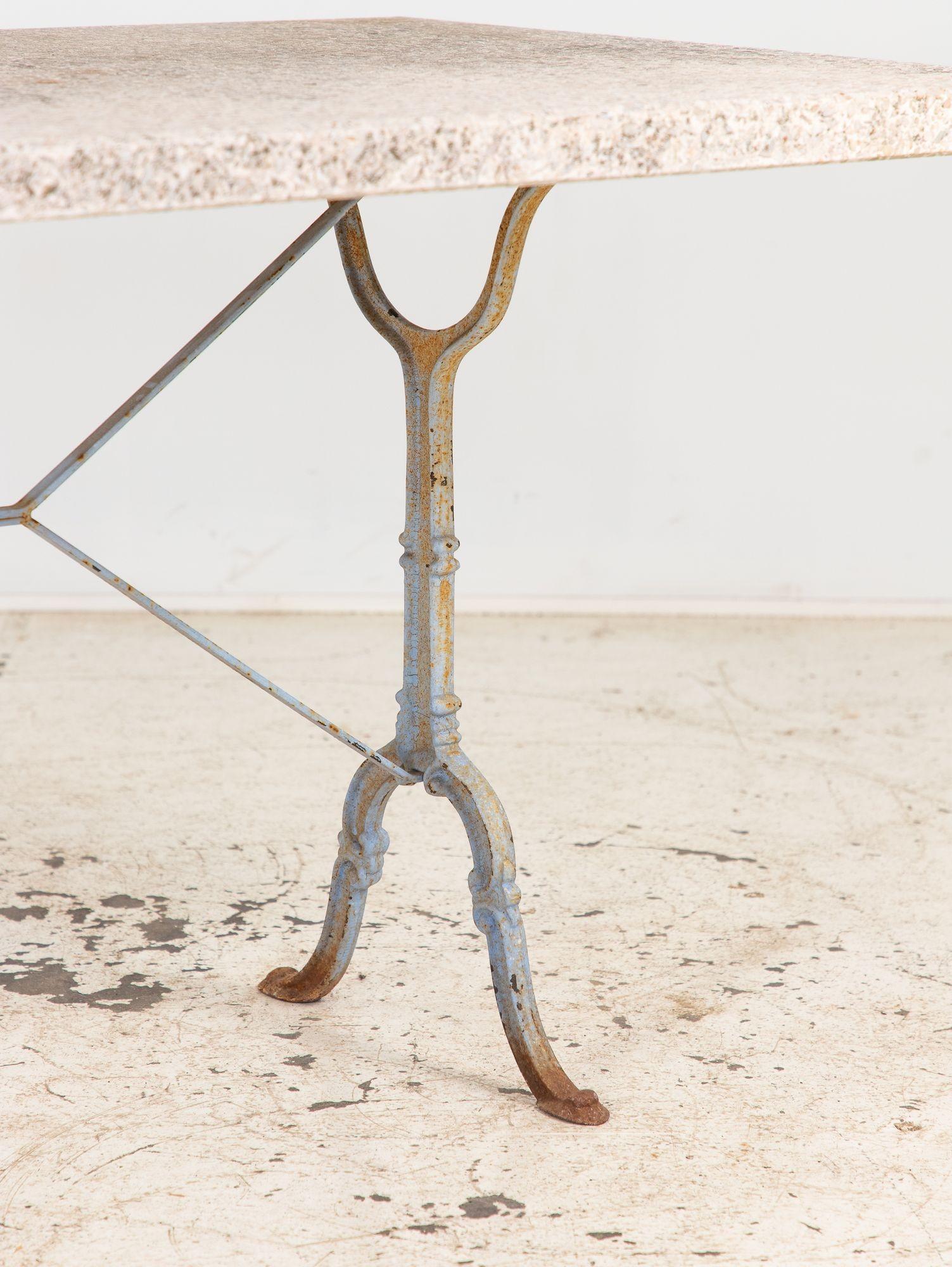 Milieu du XXe siècle Stone Topped Dining Table with Blue Trestle Iron Base, France mid 20th c en vente