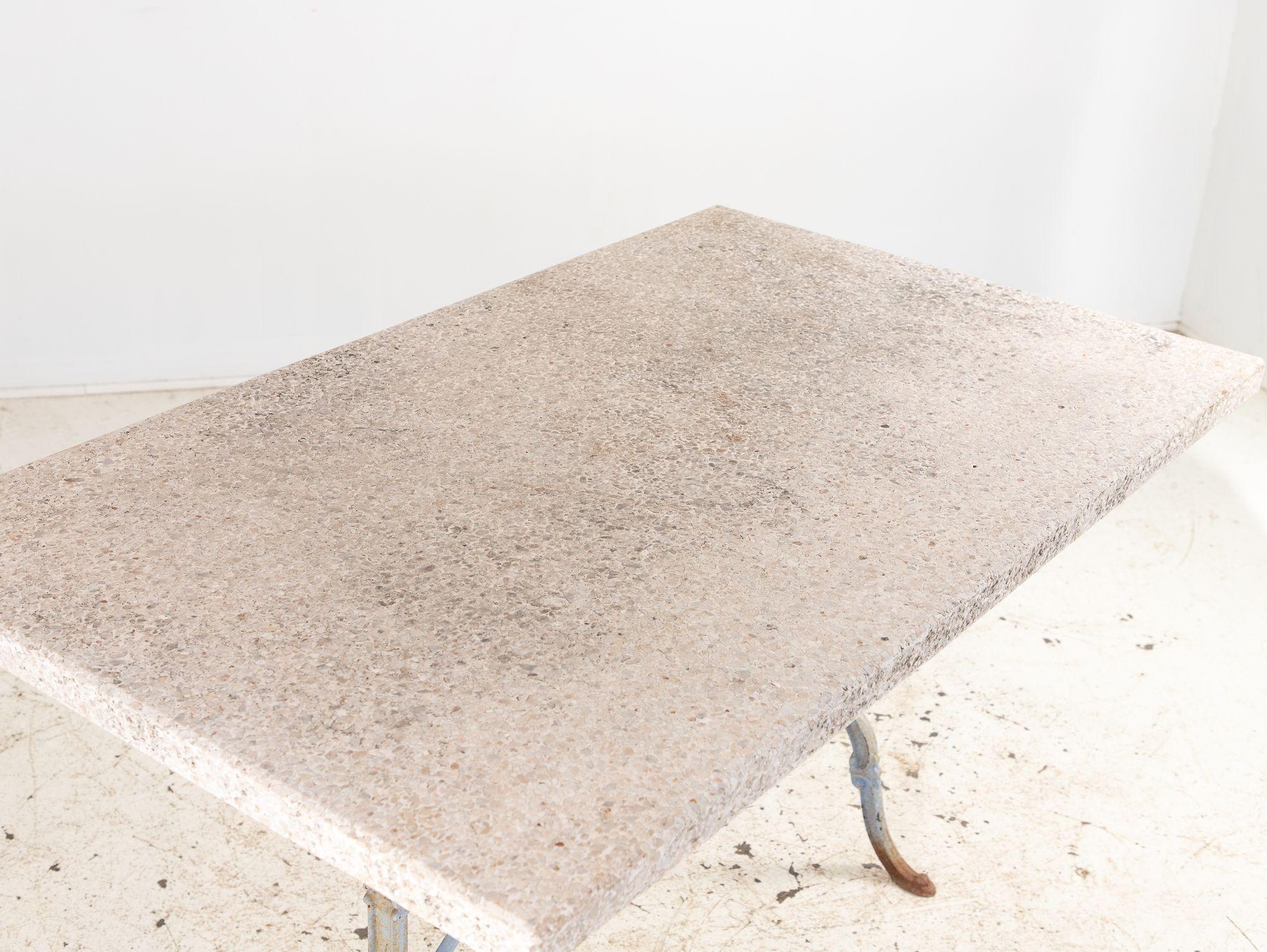 Stone Topped Dining Table with Blue Trestle Iron Base, France mid 20th c en vente 3