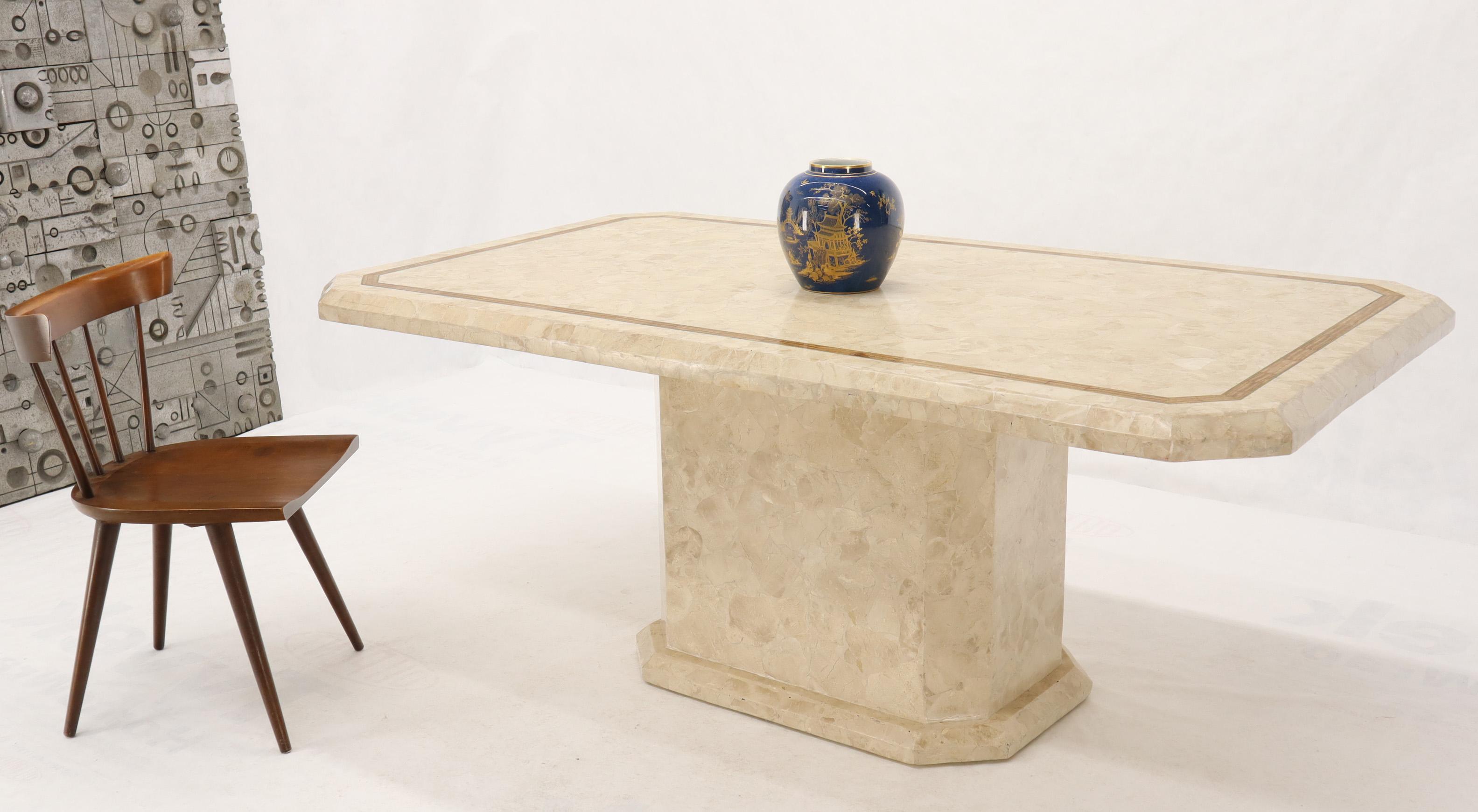 Mid-Century Modern beige and brown banded inlay stone veneer dining conference table on single pedestal base. Attributed to Maitland-Smith.