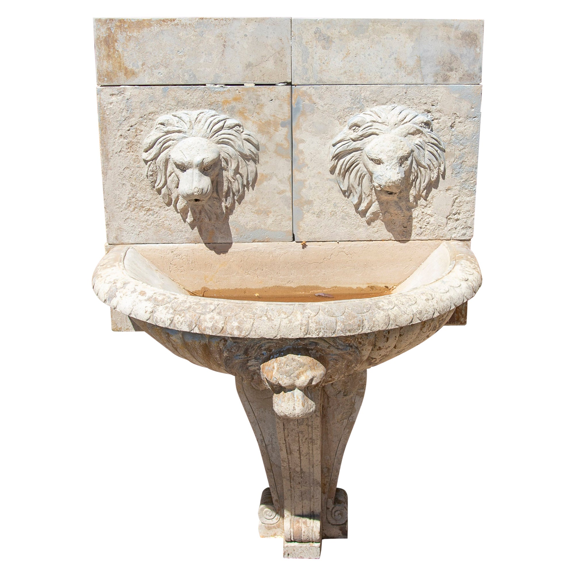 Stone Wall Fountain with Classic Style Lion Heads For Sale