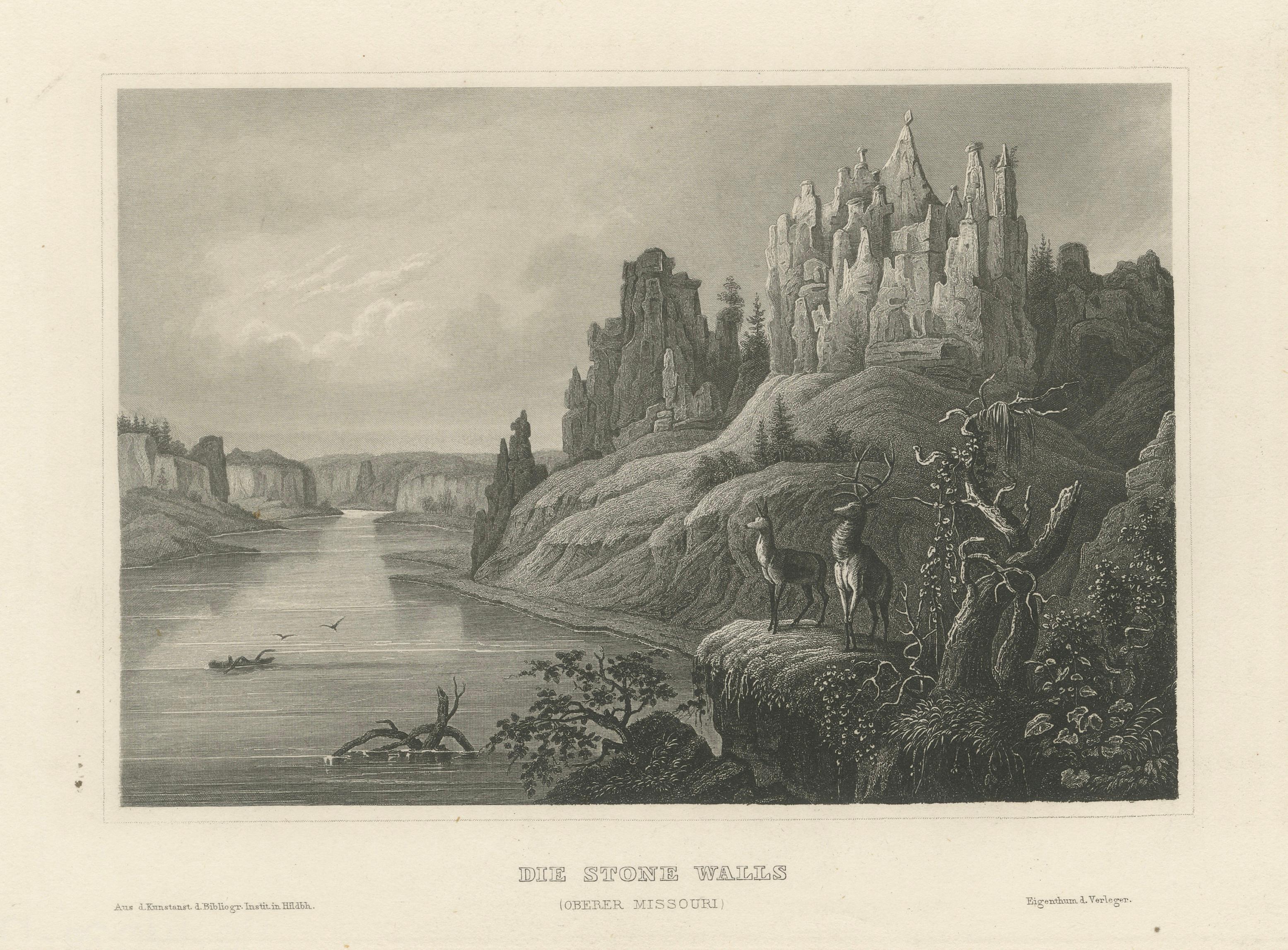 Stone Walls Upper Missouri Antique Print, River Landscape Wildlife c.1850