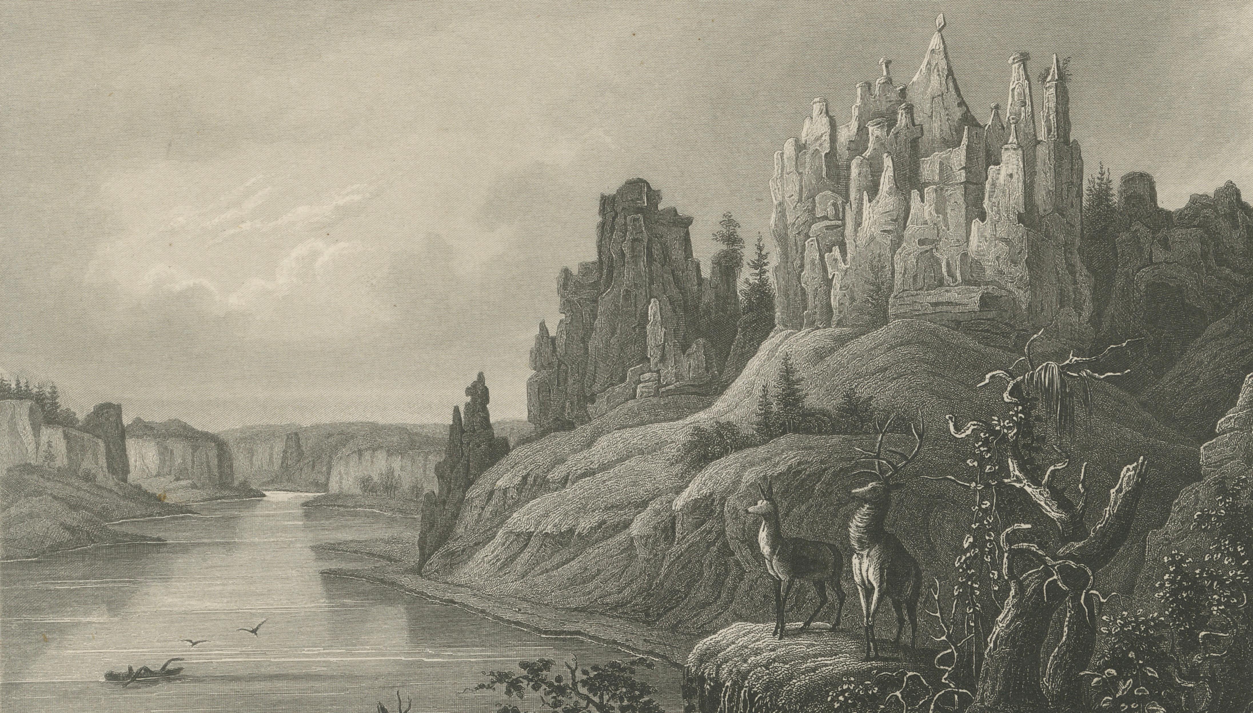 Stone Walls Upper Missouri Antique Print, River Landscape Wildlife c.1850