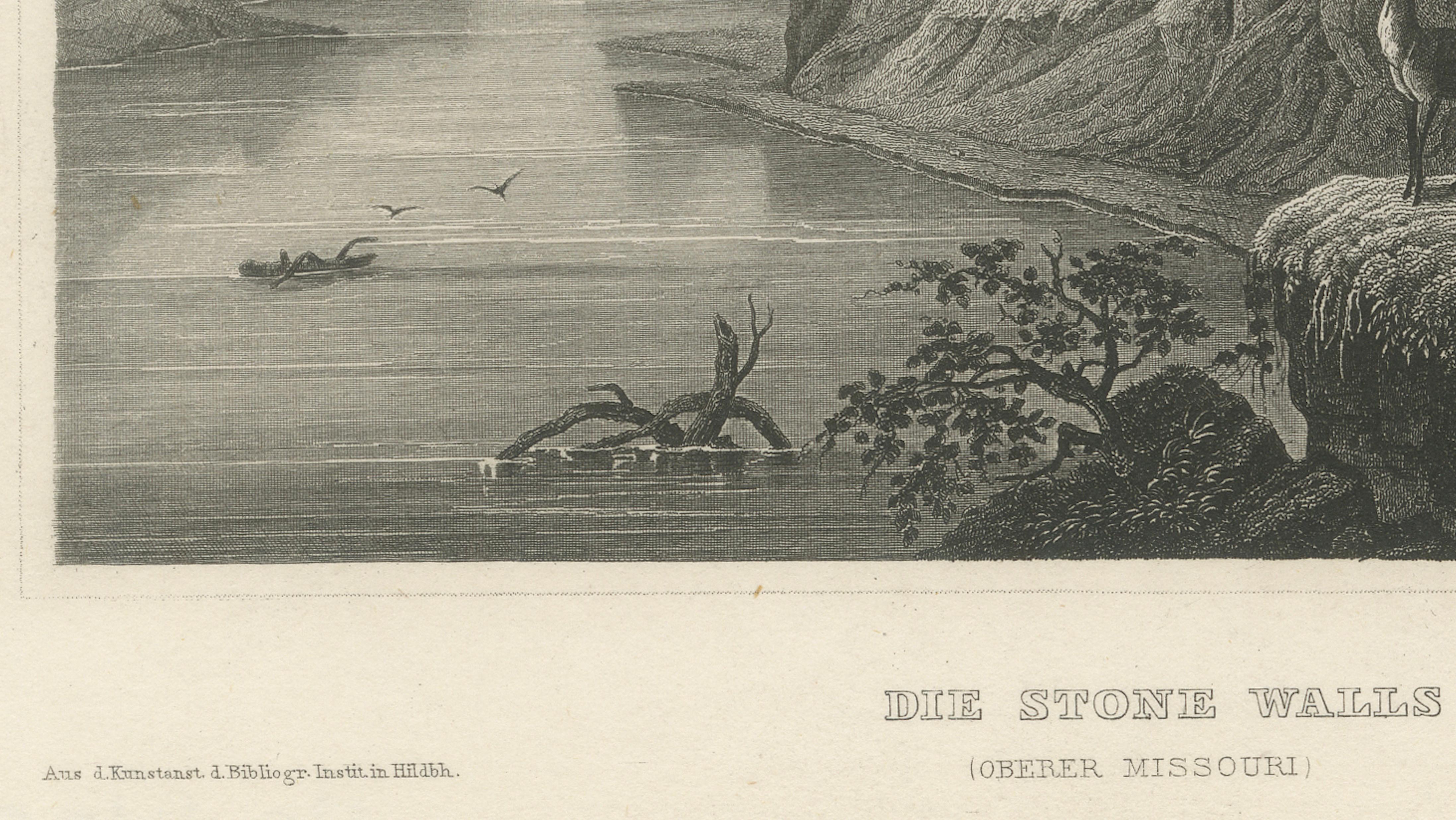Stone Walls Upper Missouri Antique Print, River Landscape Wildlife c.1850
