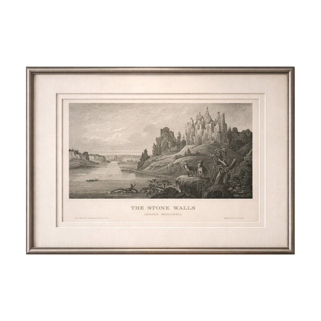 Stone Walls Upper Missouri Antique Print, River Landscape Wildlife c.1850
