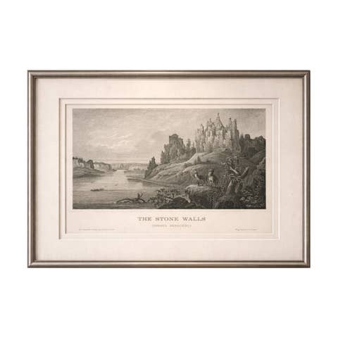 Stone Walls Upper Missouri Antique Print, River Landscape Wildlife c.1850