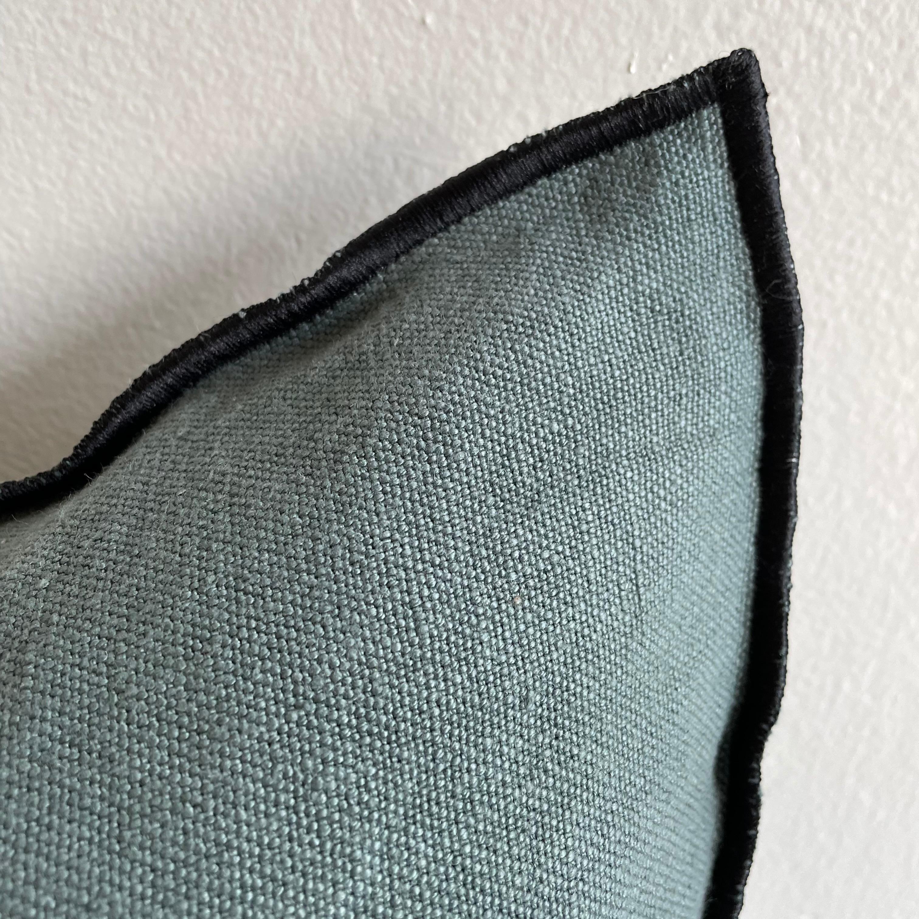Custom linen blend accent pillow. Color: Canard Blue / grey colored nubby textured style pillow with a stitched edge, metal zipper closure. Our pillows are constructed with vintage one of a kind textiles from around the globe. Carefully constructed