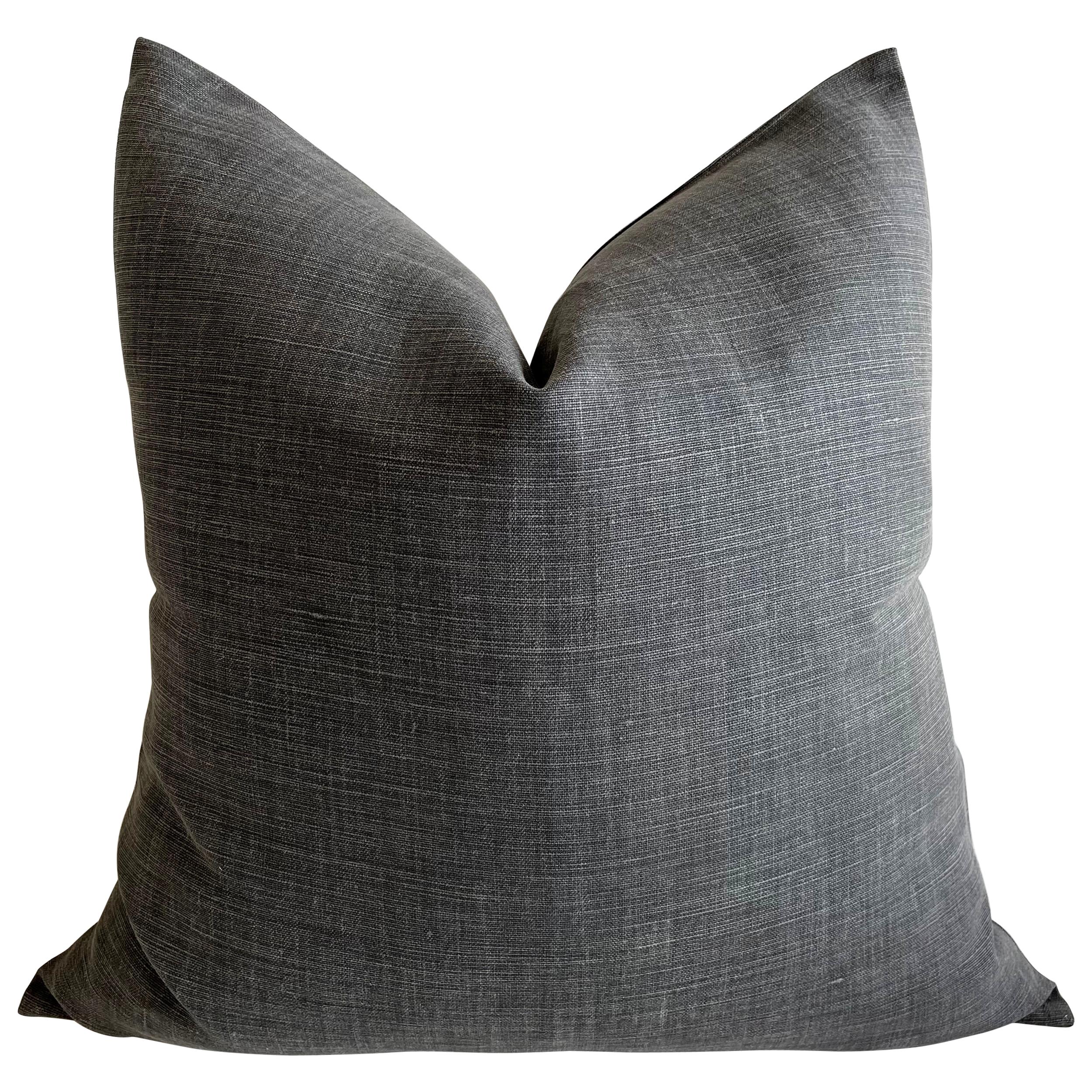 Stone Washed Faded Black Belgian Linen Accent Pillow For Sale