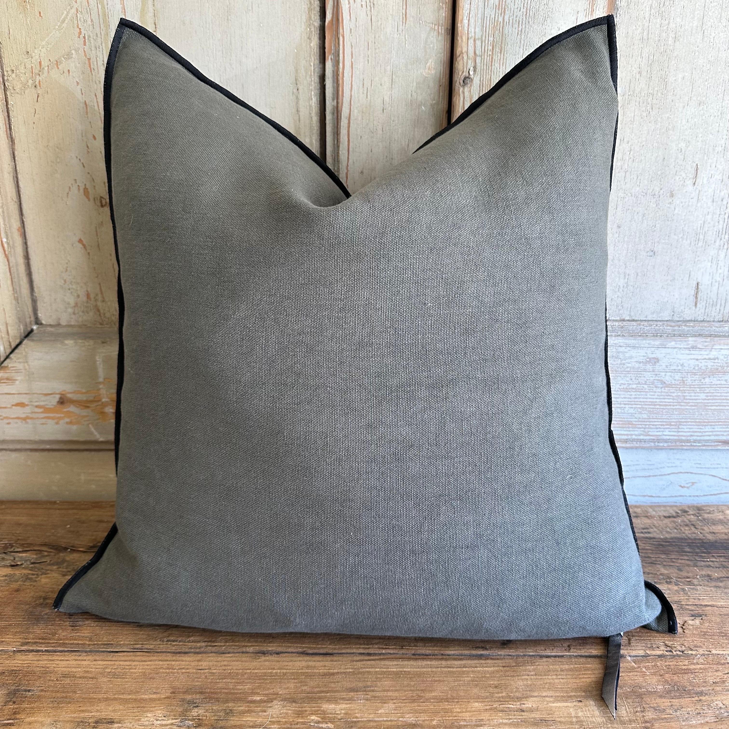 Custom linen blend accent pillow. 
Color: crocodile a deep green / grey colored nubby textured style pillow with a stitched edge, metal zipper closure. 
Includes down / feather insert 
Our pillows are constructed with vintage one of a kind