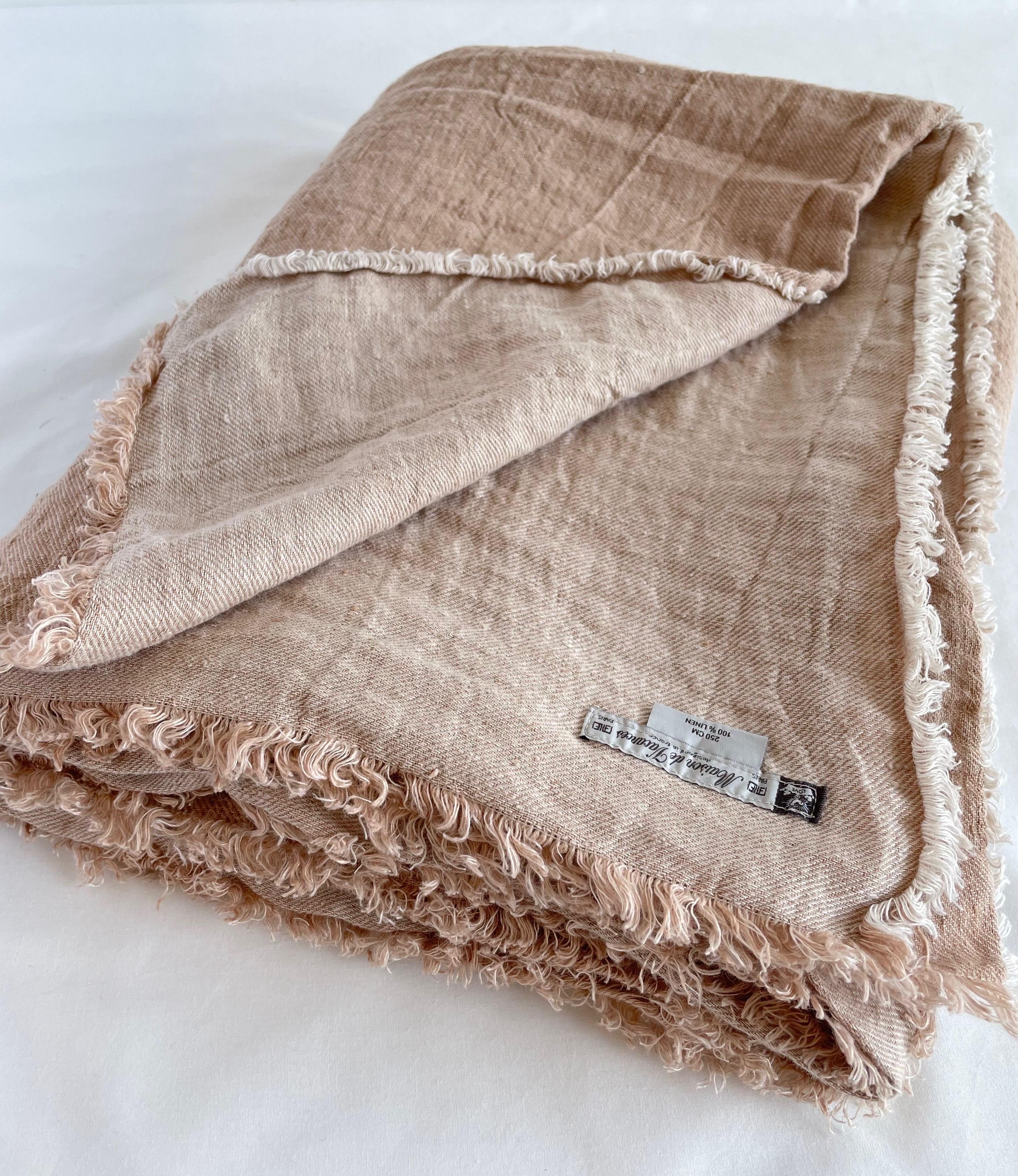 Layer your sofa or bed with this washed Belgian linen throw imported from Paris, France. In the colour Nude-Givre (blush), which is a natural color with blush tones. The decorative frayed edge give this a relaxed look. If this item is backordered,