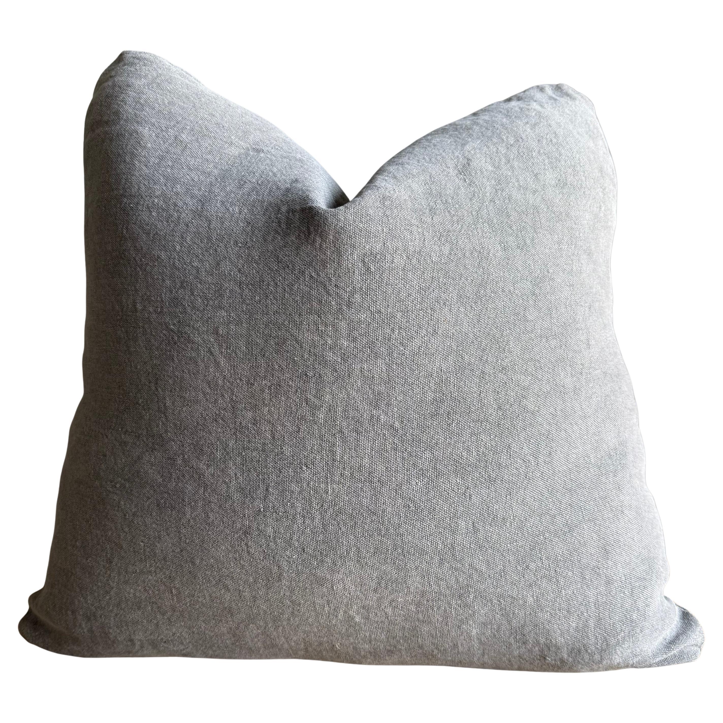 Stone Washed Linen Pillow in Whale Gray with Down Insert For Sale