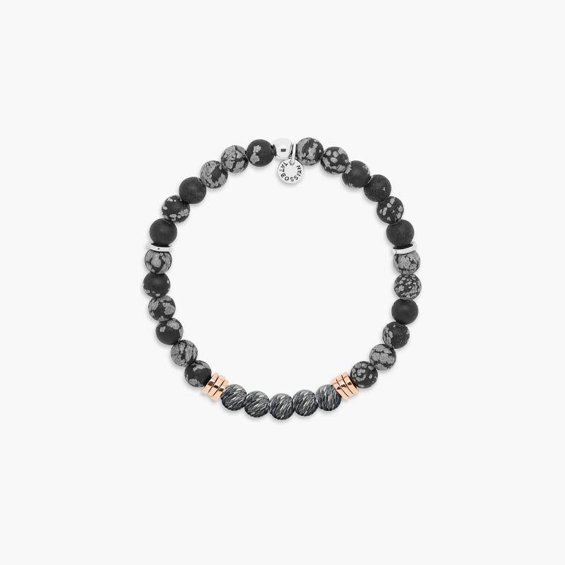 Stonehenge Bracelet with Snowflake Obsidian in Sterling Silver, Size L

Snowflake obsidian beads are paired with 2-microns rose gold-plated sterling silver discs and 5 black rhodium-plated sterling silver beads, each crafted and carved by hand to