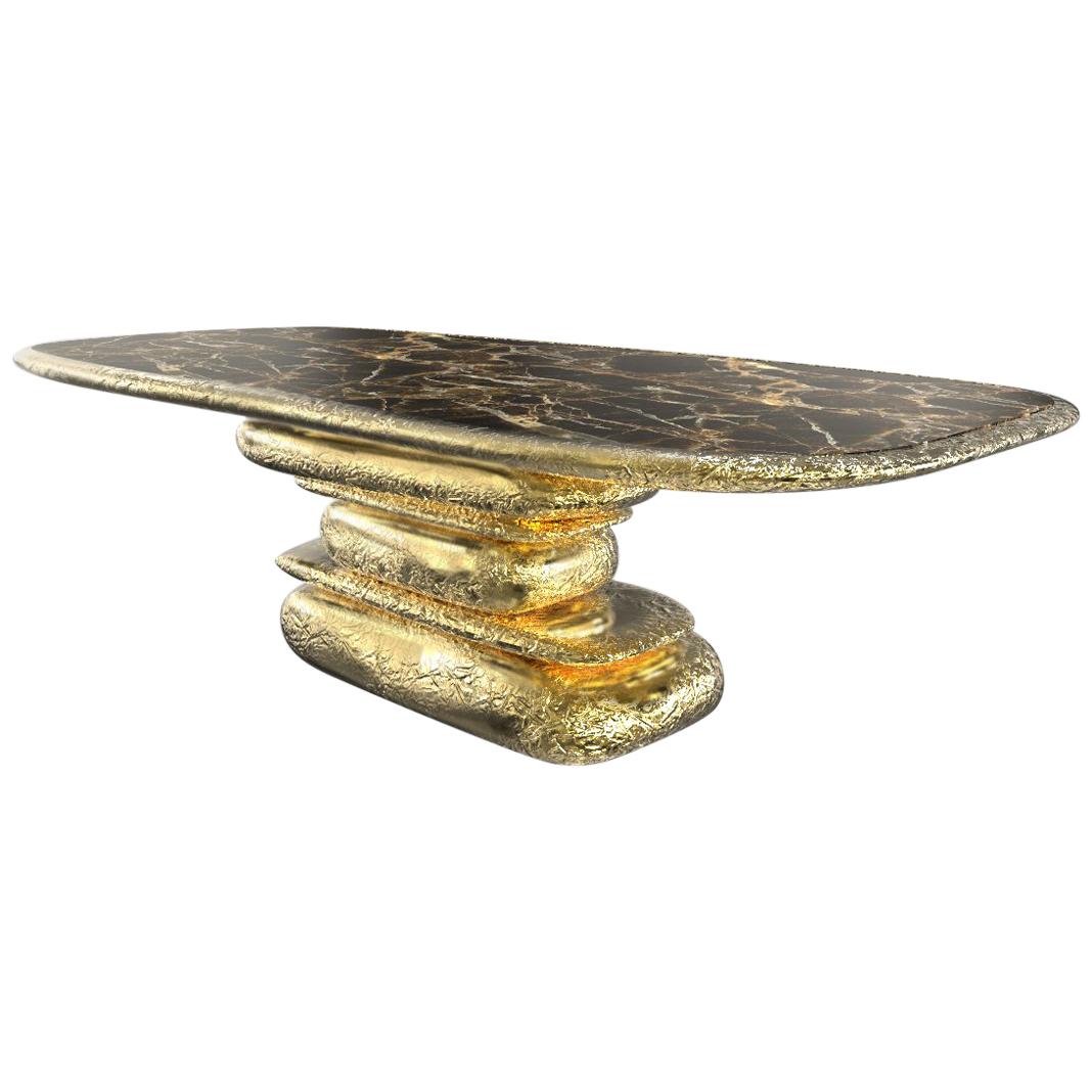 Stonehenge Dining Table in Polished Hammered Brass and Marble Top  For Sale