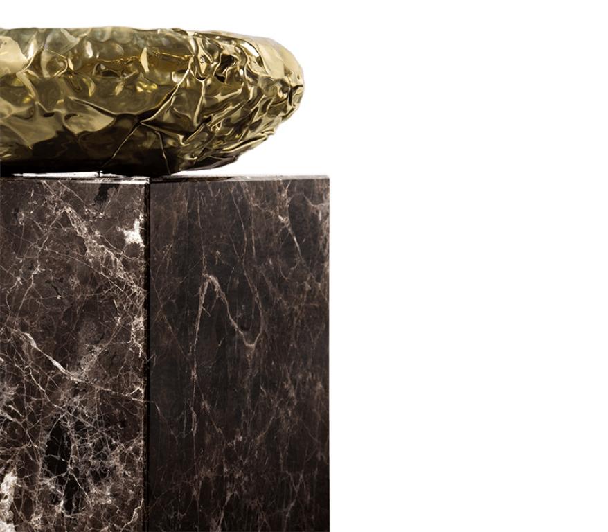 Contemporary Modern Stonehenge Side Table in Marble and Hammered Brass by Boca do Lobo For Sale