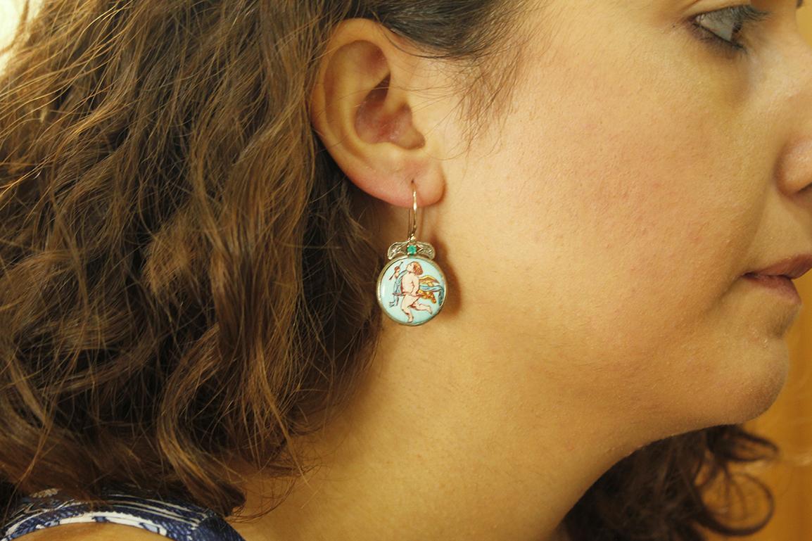 Women's Stones Diamonds Emeralds Rose Gold and Silver Pendant Earrings
