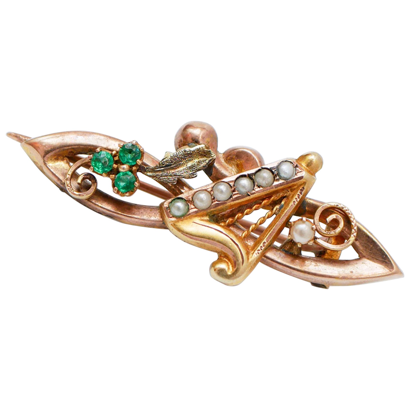 Piedras, perlas, broche de oro rosa.