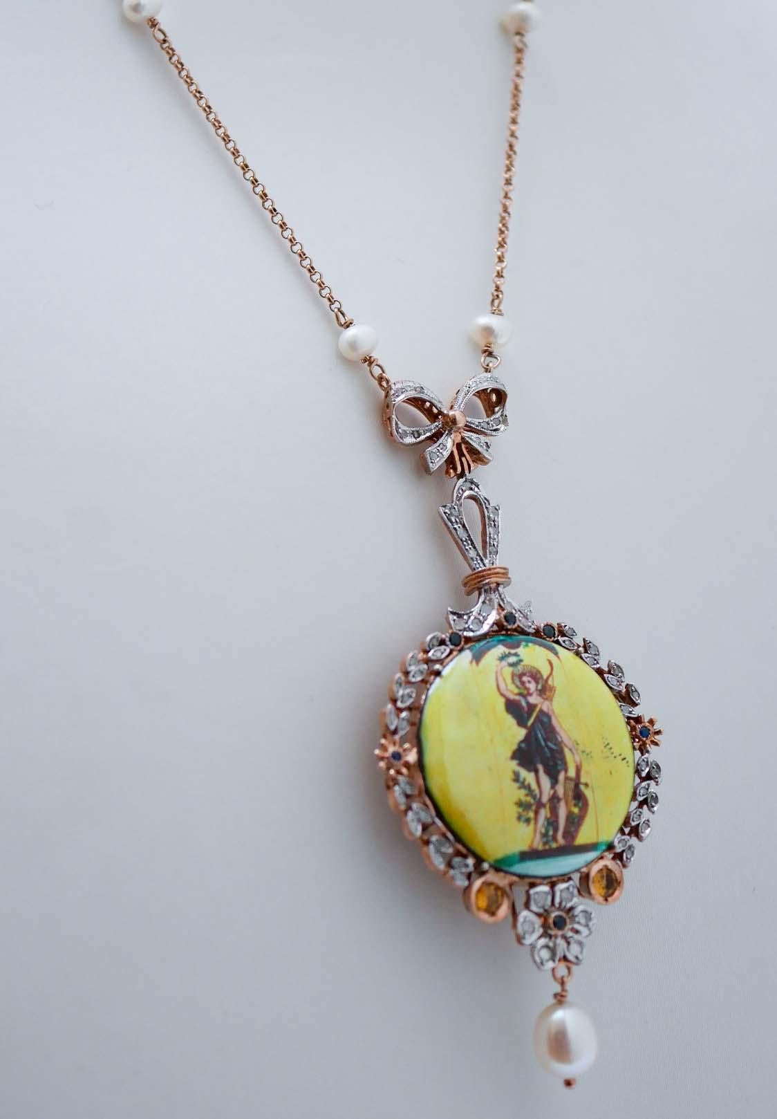 Retro Stones, Sapphires, Diamonds, Pearls, Rose Gold and Silver Pendant Necklace. For Sale