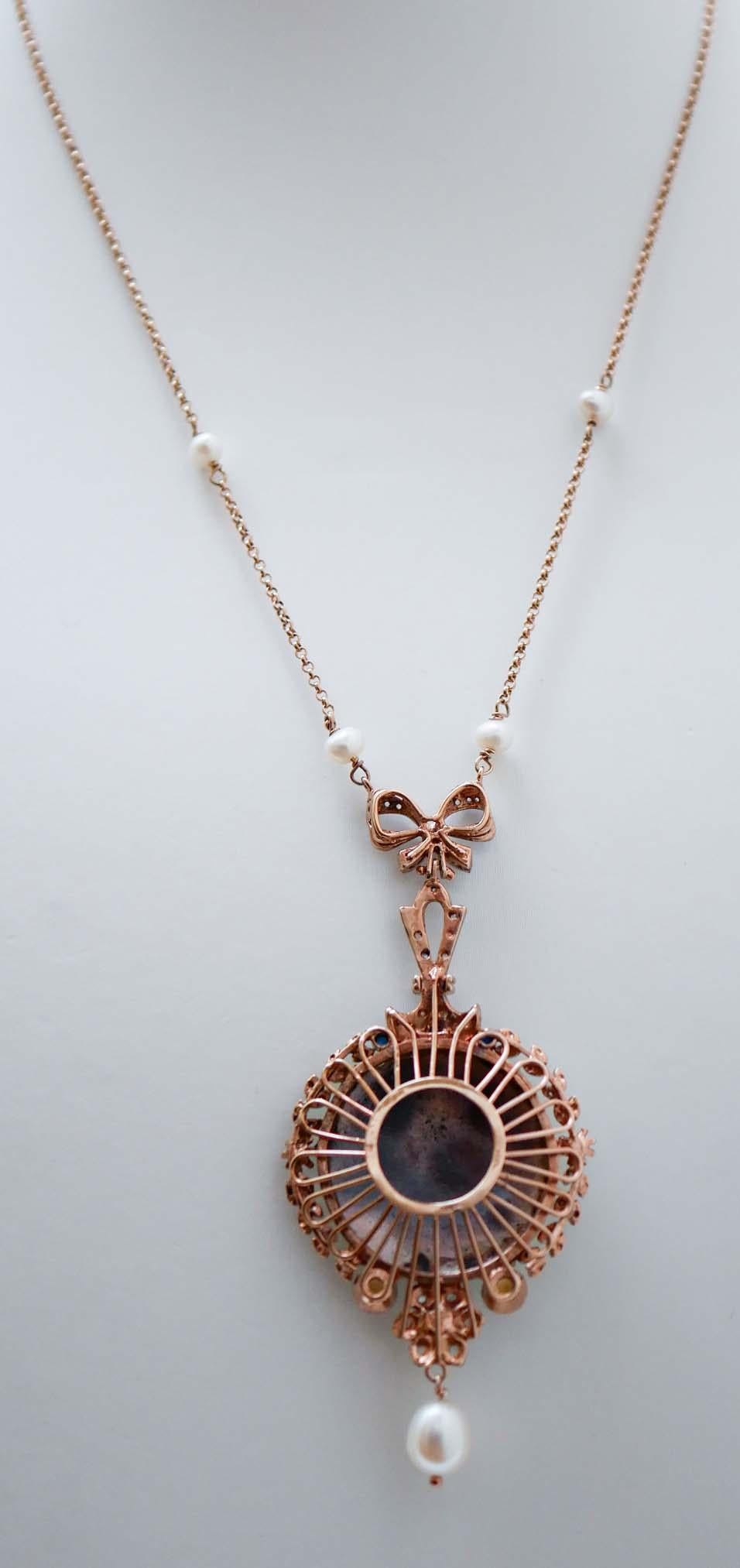 Mixed Cut Stones, Sapphires, Diamonds, Pearls, Rose Gold and Silver Pendant Necklace. For Sale