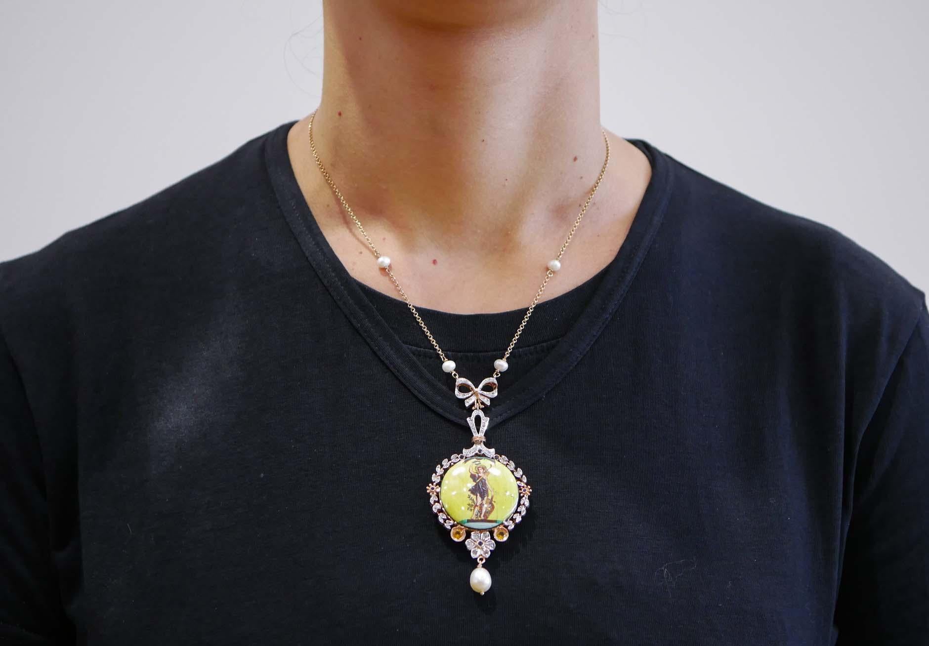 Stones, Sapphires, Diamonds, Pearls, Rose Gold and Silver Pendant Necklace. In Good Condition For Sale In Marcianise, Marcianise (CE)