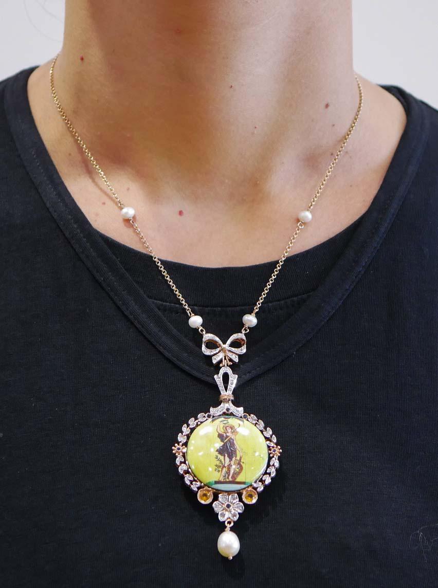 Women's Stones, Sapphires, Diamonds, Pearls, Rose Gold and Silver Pendant Necklace. For Sale