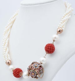 Stones, Pearls, Emeralds, Rubies, Sapphires, Rose Gold and Silver  Necklace