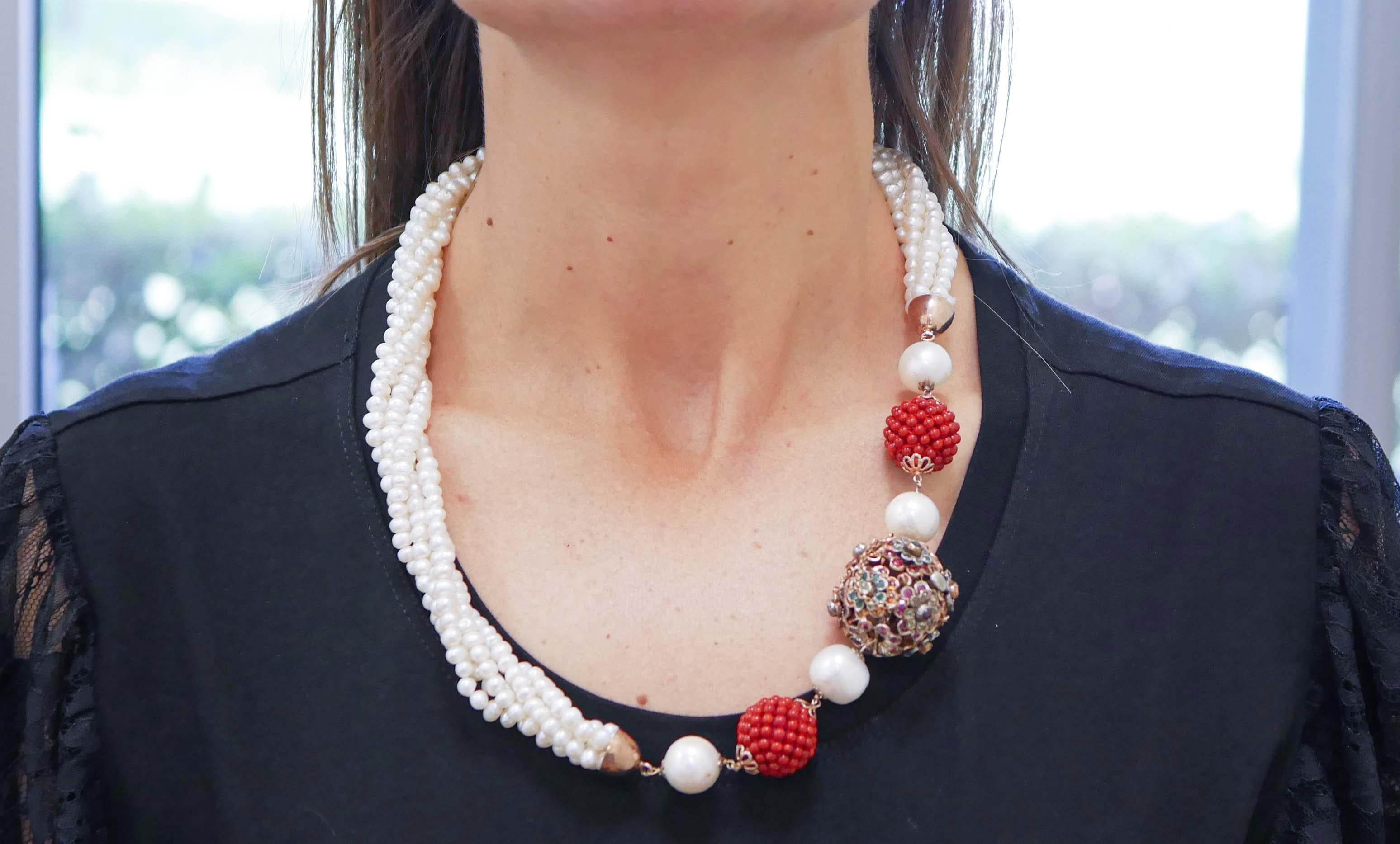 Retro Stones, Pearls, Emeralds, Rubies, Sapphires, Rose Gold and Silver  Necklace