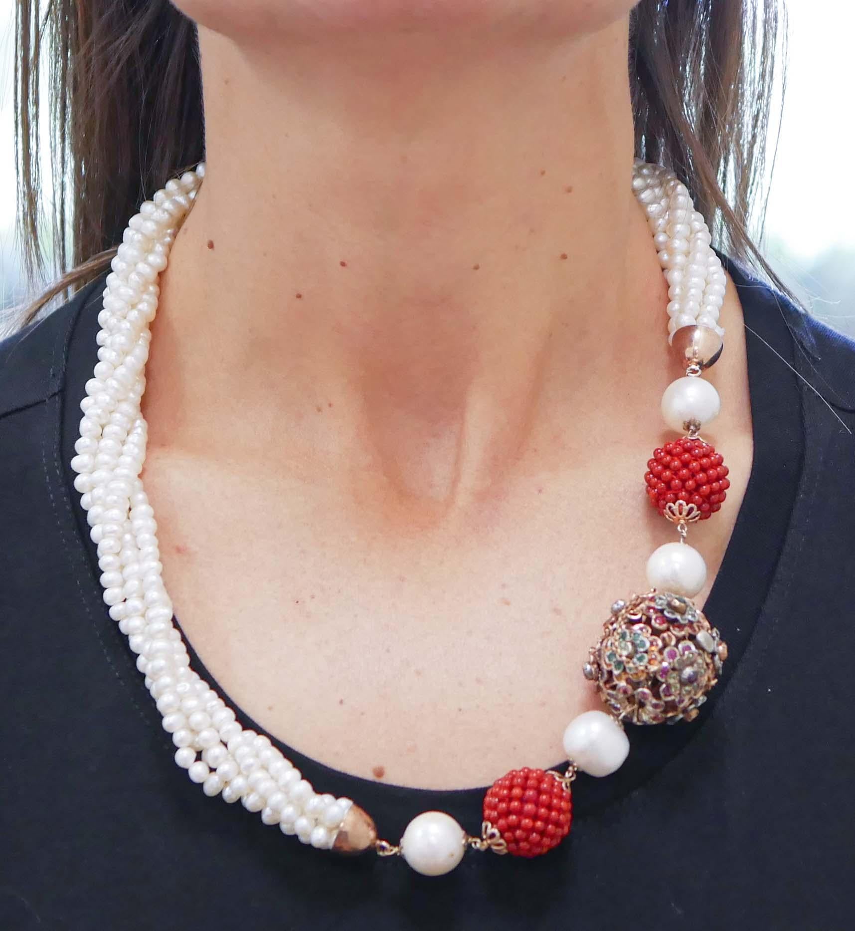 Mixed Cut Stones, Pearls, Emeralds, Rubies, Sapphires, Rose Gold and Silver  Necklace