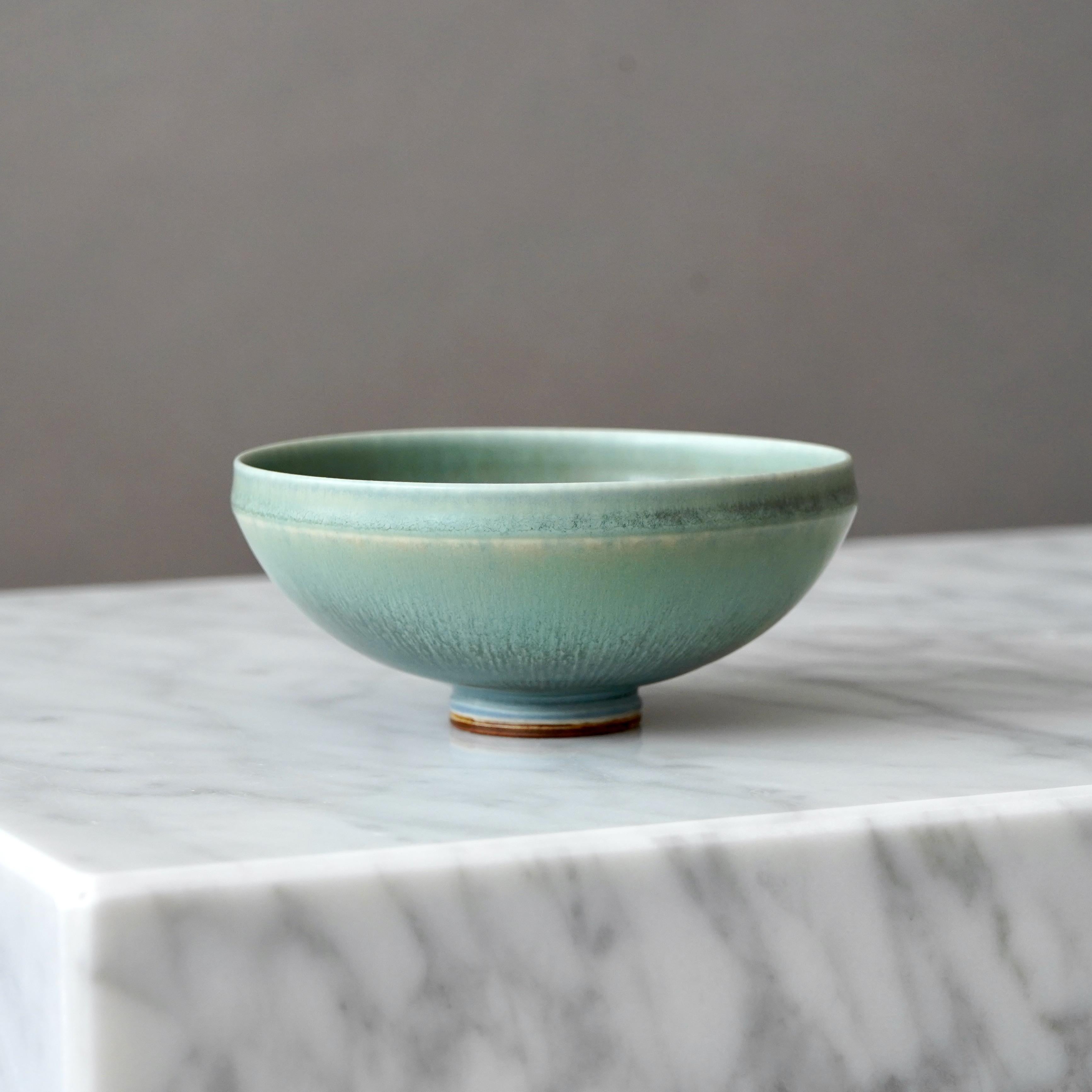 Glazed Stoneware Bowl by Berndt Friberg. Gustavsberg, Sweden, 1969. Green Blue Turquois For Sale