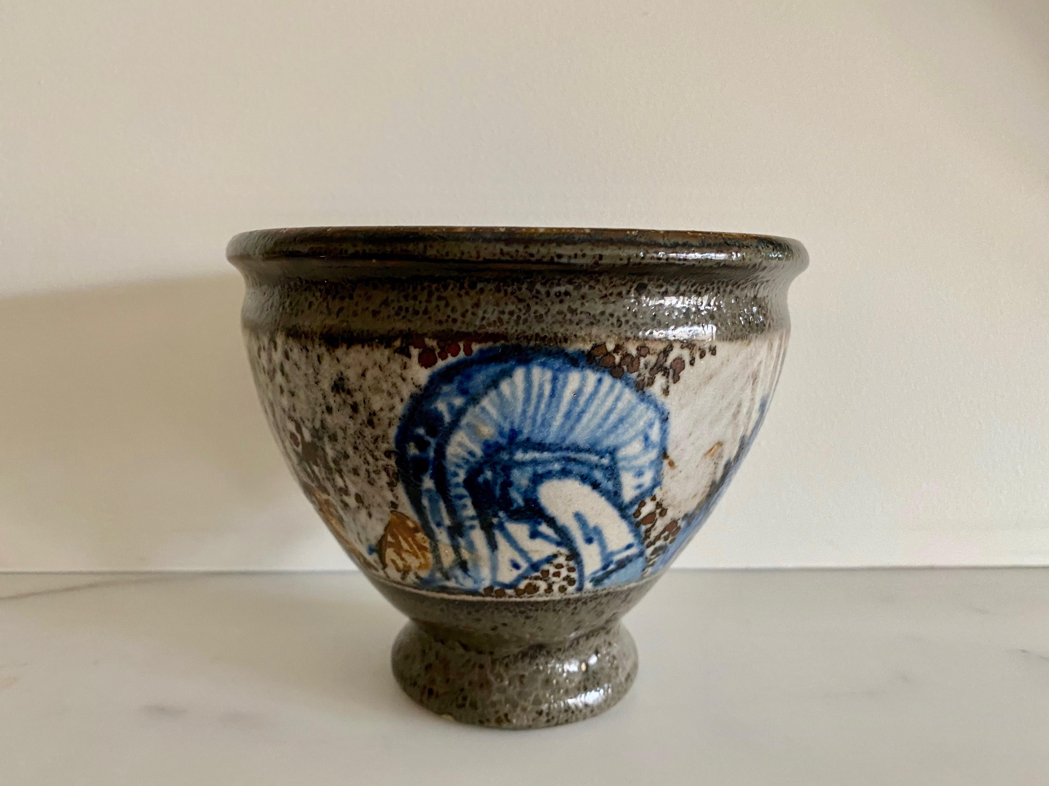 Stoneware bowl with hand painted brown, green and blue glazed floral and mushroom motifs by Cathinka Olsen (1868-1947) for Bing & Grøndahl

Incised 