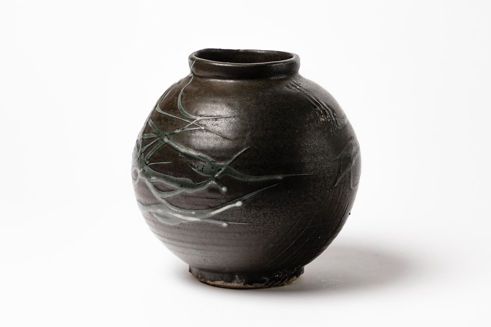 Modern Stoneware Ceramic Black Abstract Pottery Vase by Claude Champy, 1975