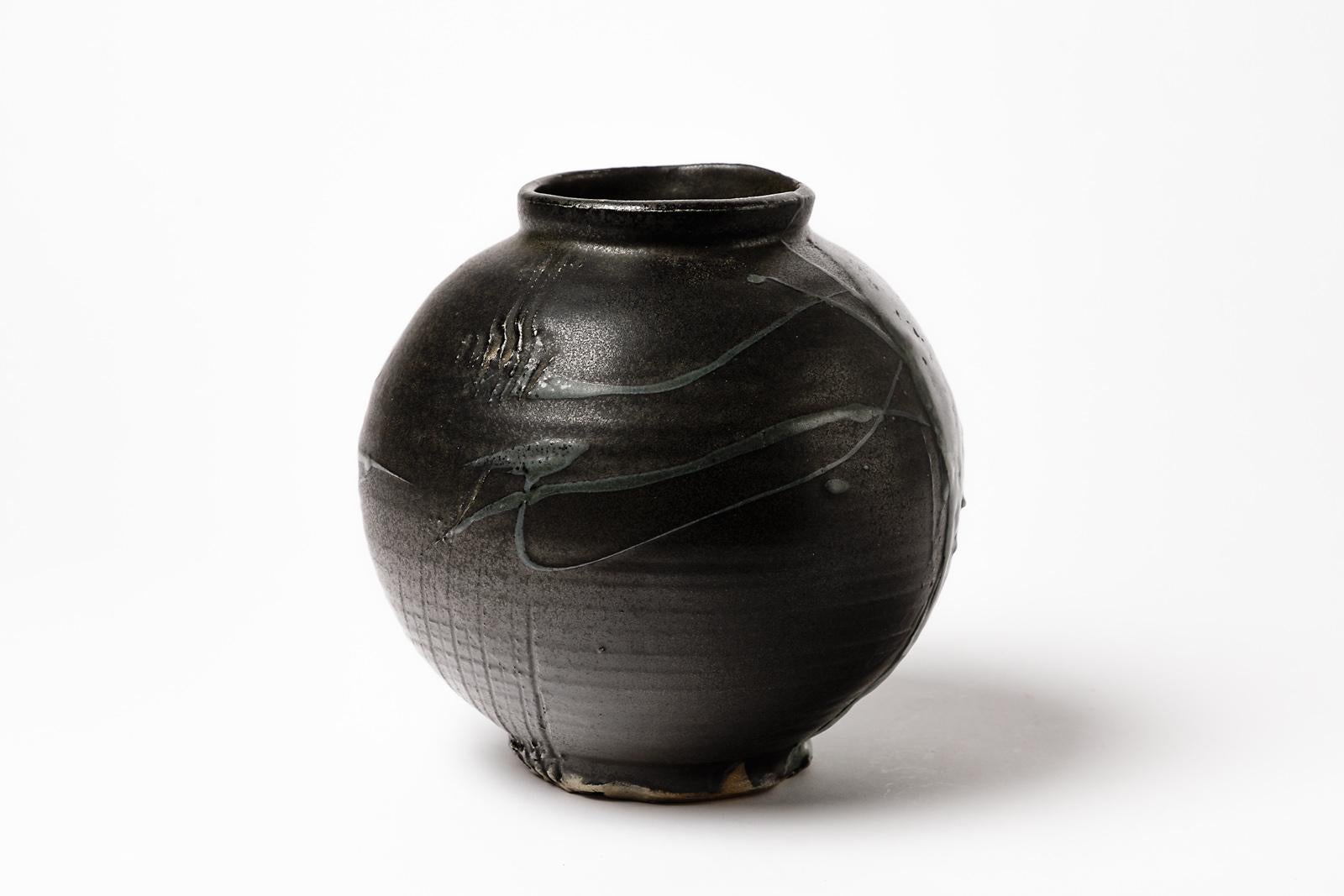 French Stoneware Ceramic Black Abstract Pottery Vase by Claude Champy, 1975