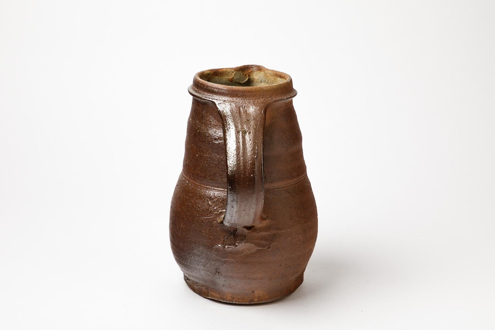 Mid-Century Modern Stoneware Ceramic Brown Handmade Pitcher by Hervé Rousseau La Borne For Sale