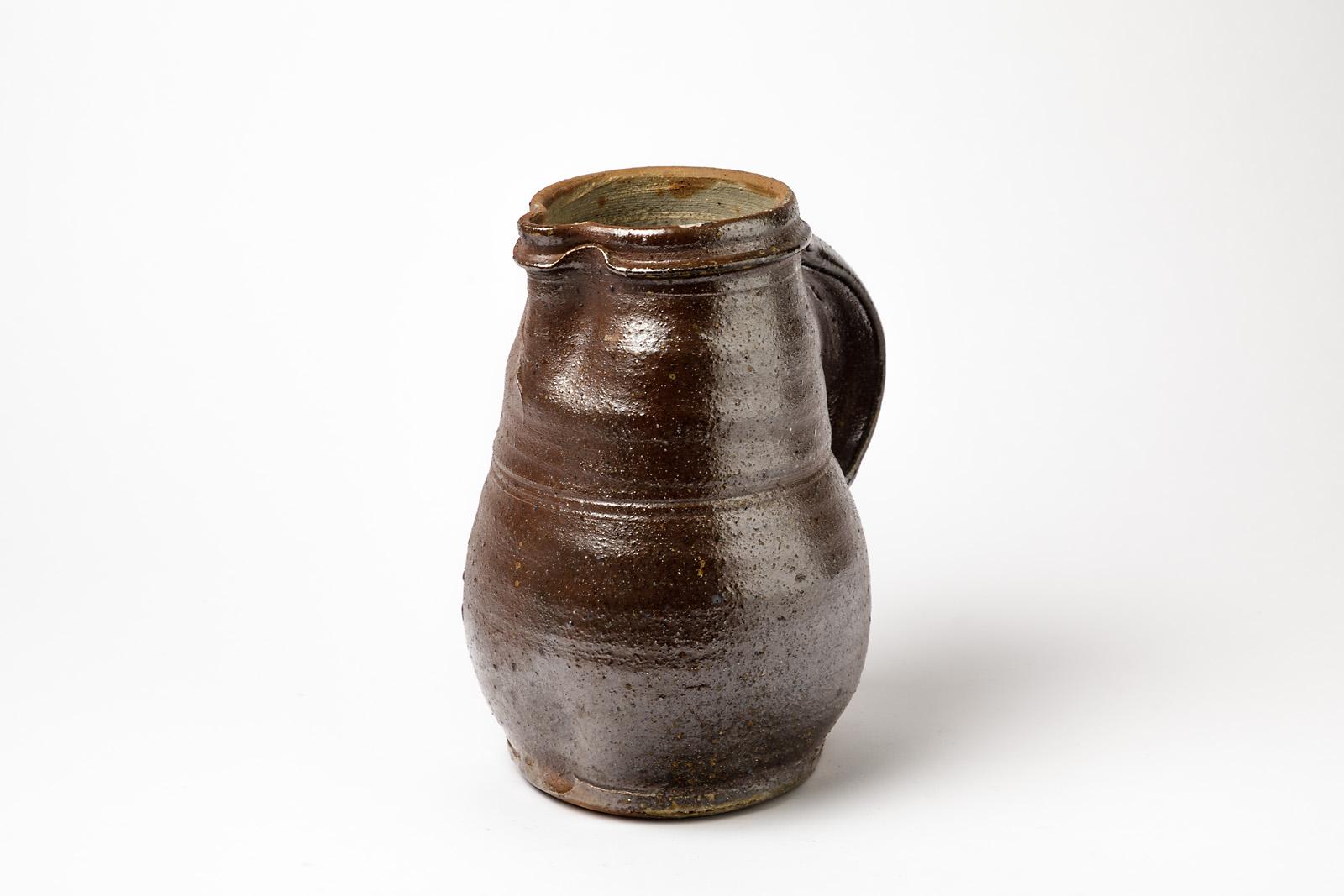 Stoneware Ceramic Brown Handmade Pitcher by Hervé Rousseau La Borne In Excellent Condition For Sale In Neuilly-en- sancerre, FR