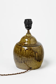 Lampe de bureau en céramique verte grès de La Borne French, vers 1970