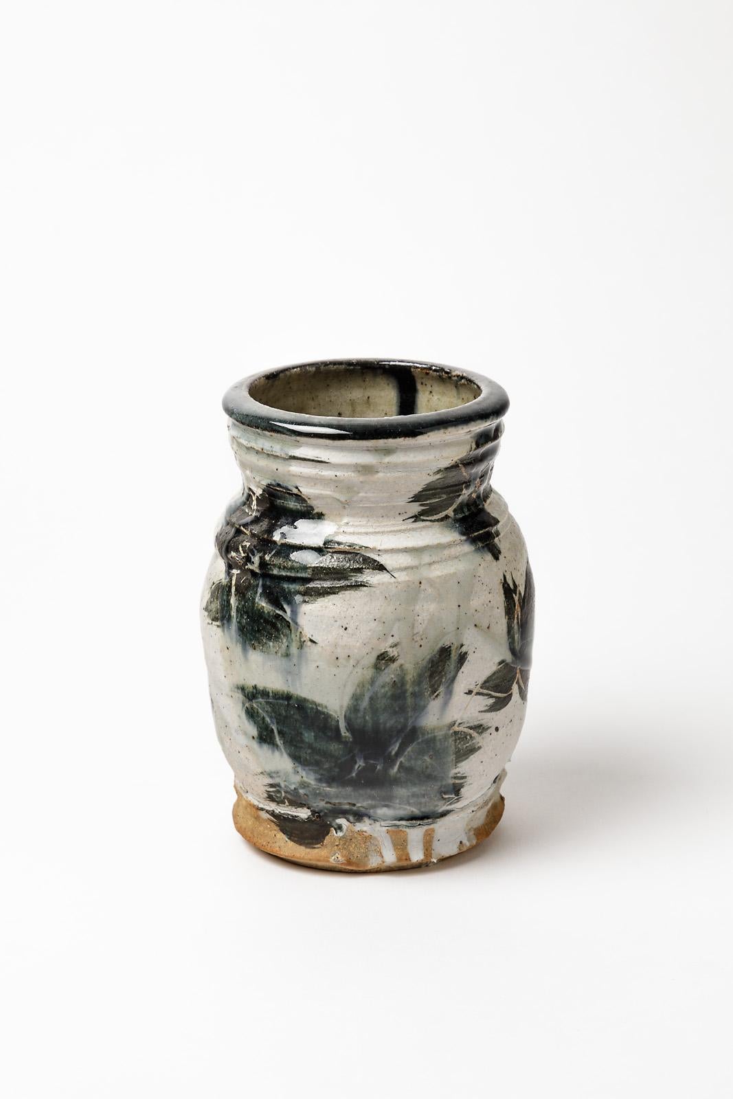 Mid-Century Modern Stoneware Ceramic Vase with Flower Decoration by Josette Miquel