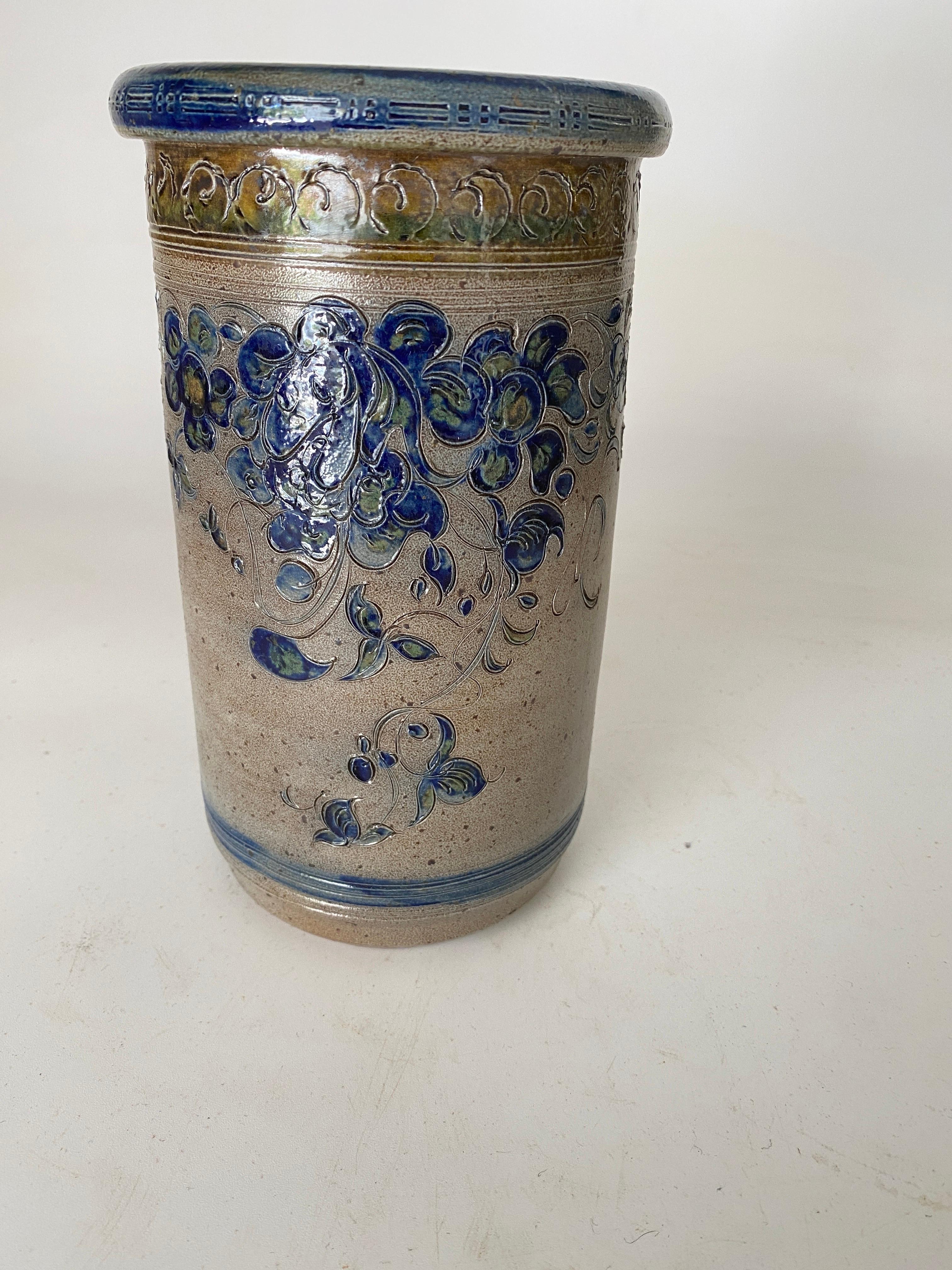 Mid-20th Century Stoneware Champagne Bucket with Blue Colored Floral Decor Frame For Sale